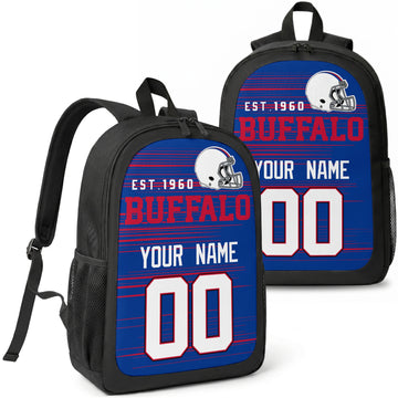 Buffalo custom football backpack with name and number, front and angled product view