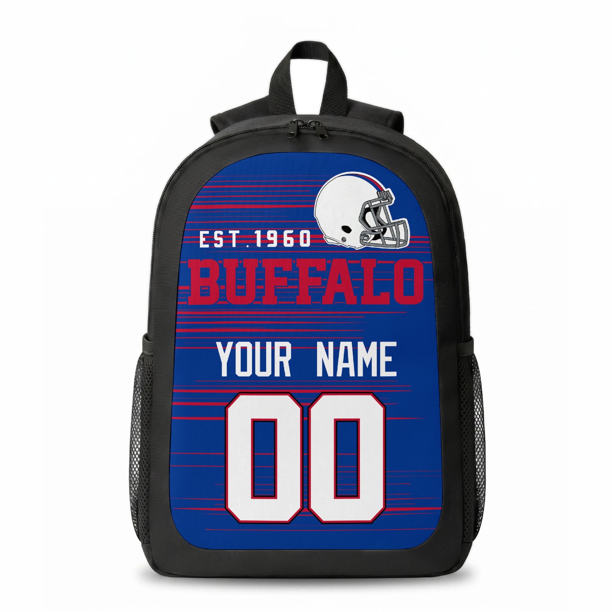 Buffalo stripe colors personalized football backpack front view with helmet-style graphic