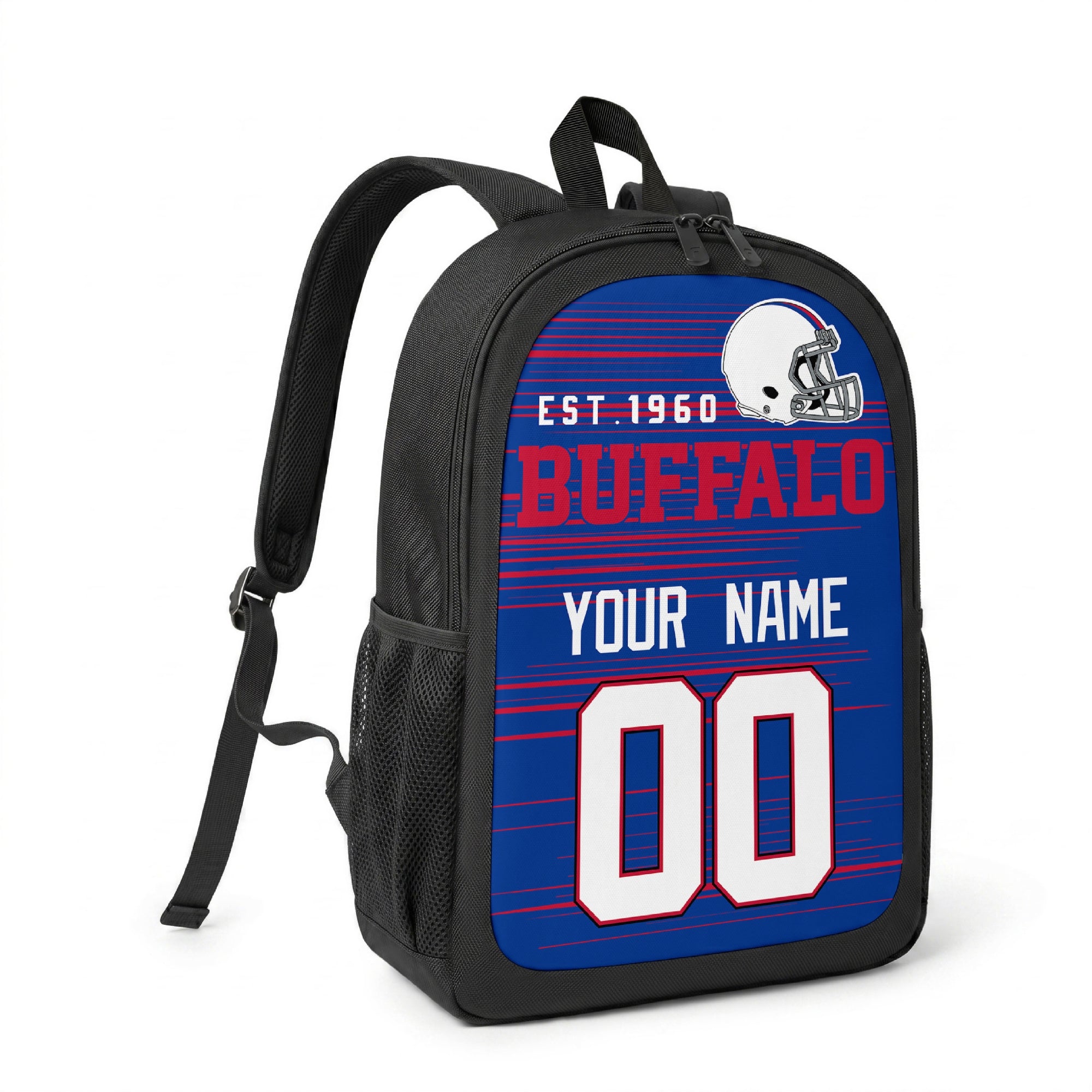 Buffalo custom name and number football backpack angled side view with black straps