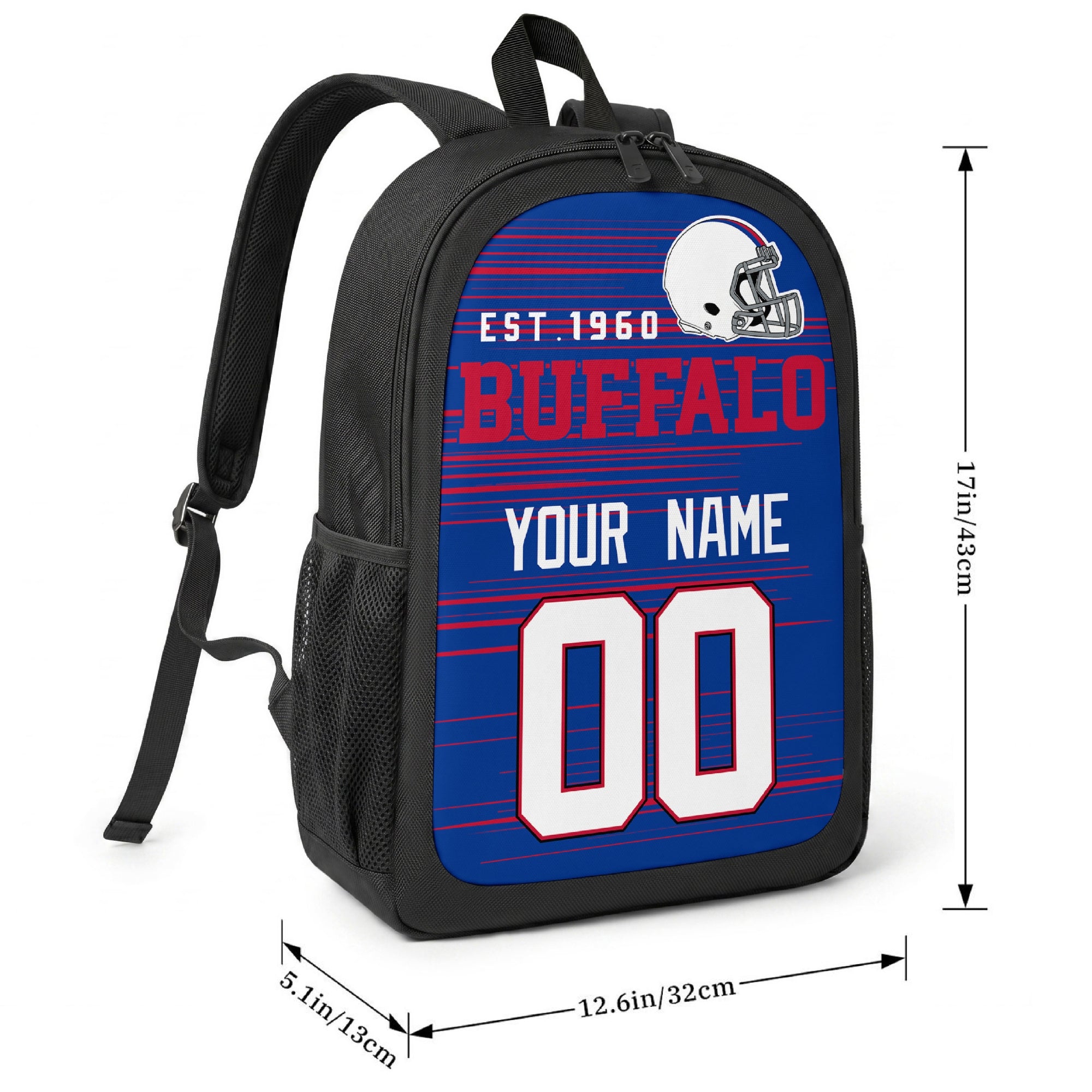 Buffalo football-inspired backpack size chart showing 17 inch height, 12.6 inch width, and 5.1 inch depth