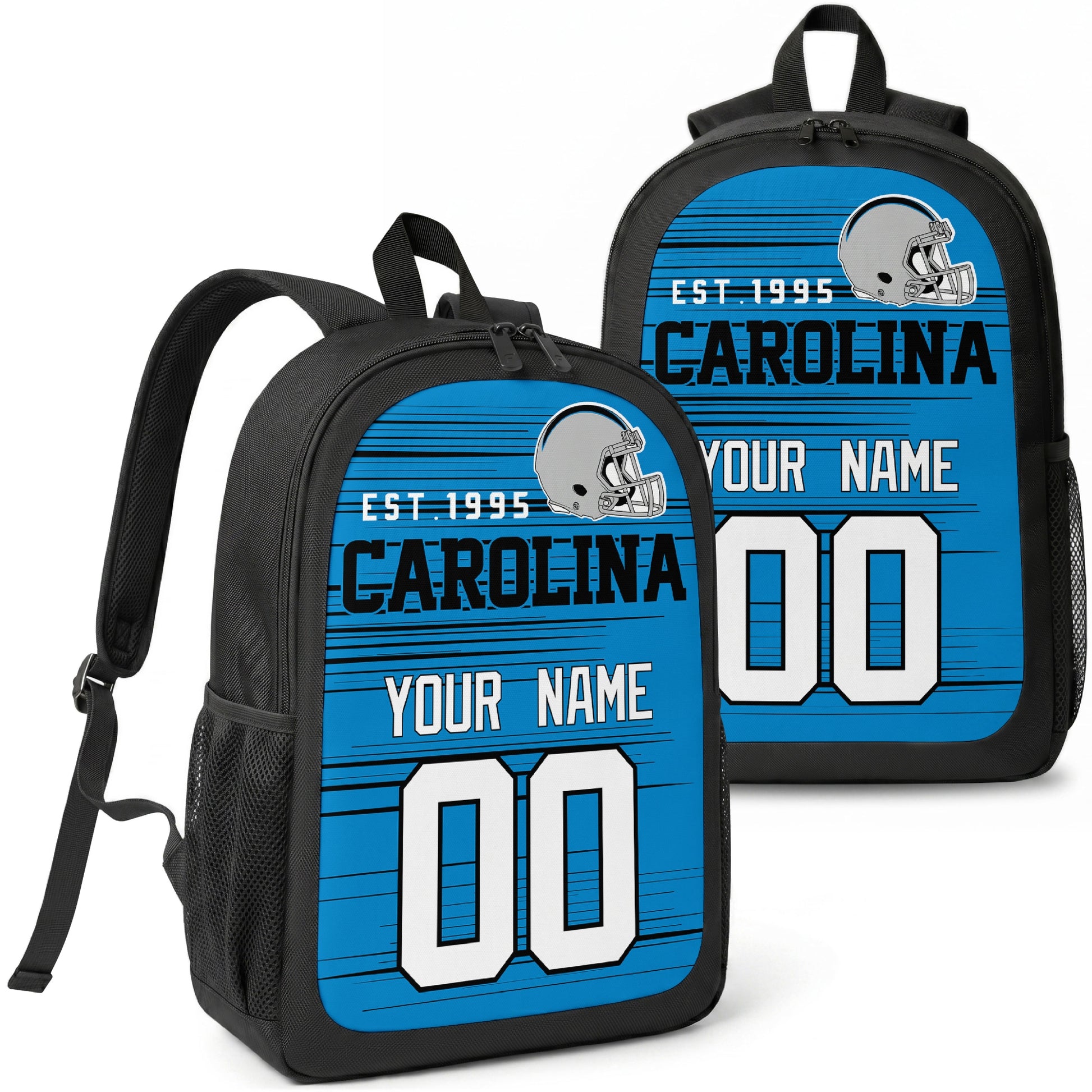 Carolina custom football backpack with name and number, front and angled product view