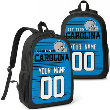 Carolina custom football backpack with name and number, front and angled product view