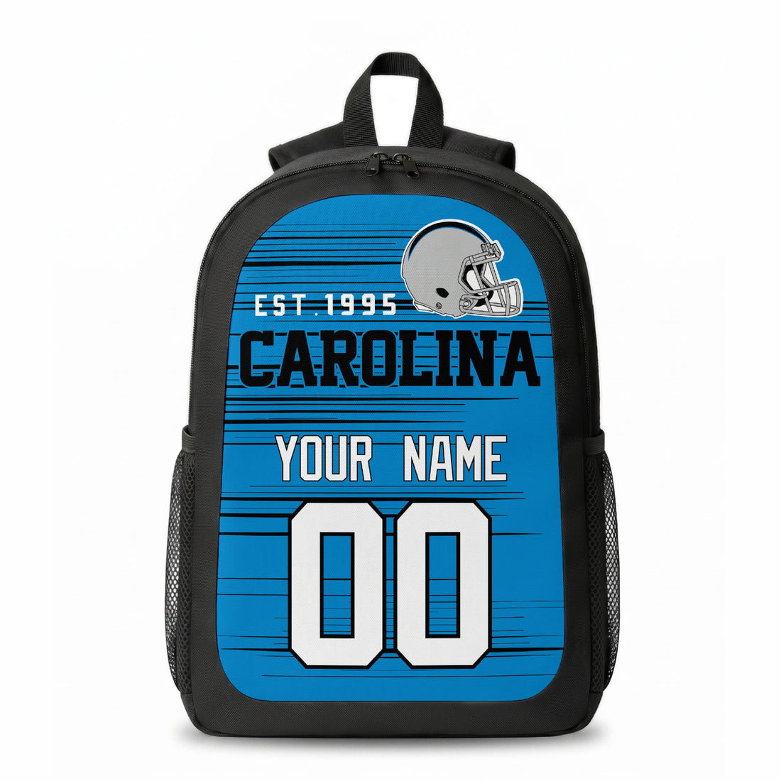 Carolina custom football backpack with name and number, front and angled product view