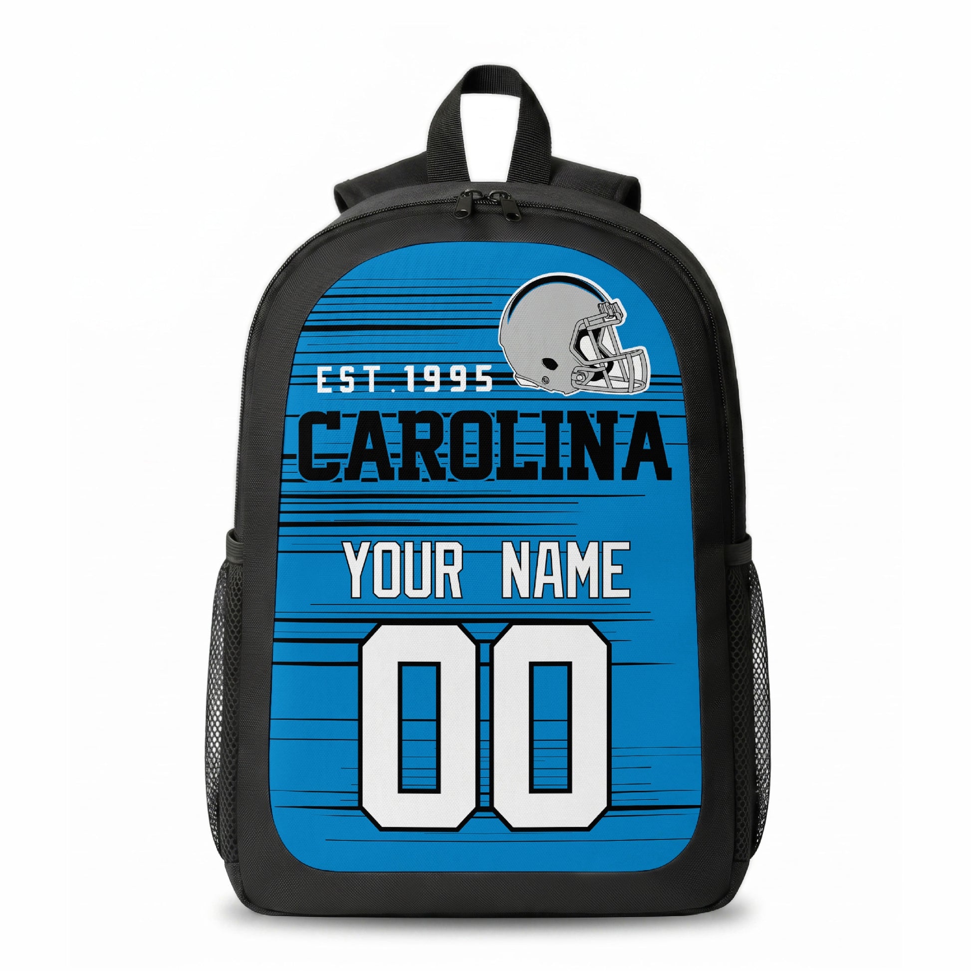 Carolina stripe colors personalized football backpack front view with helmet-style graphic