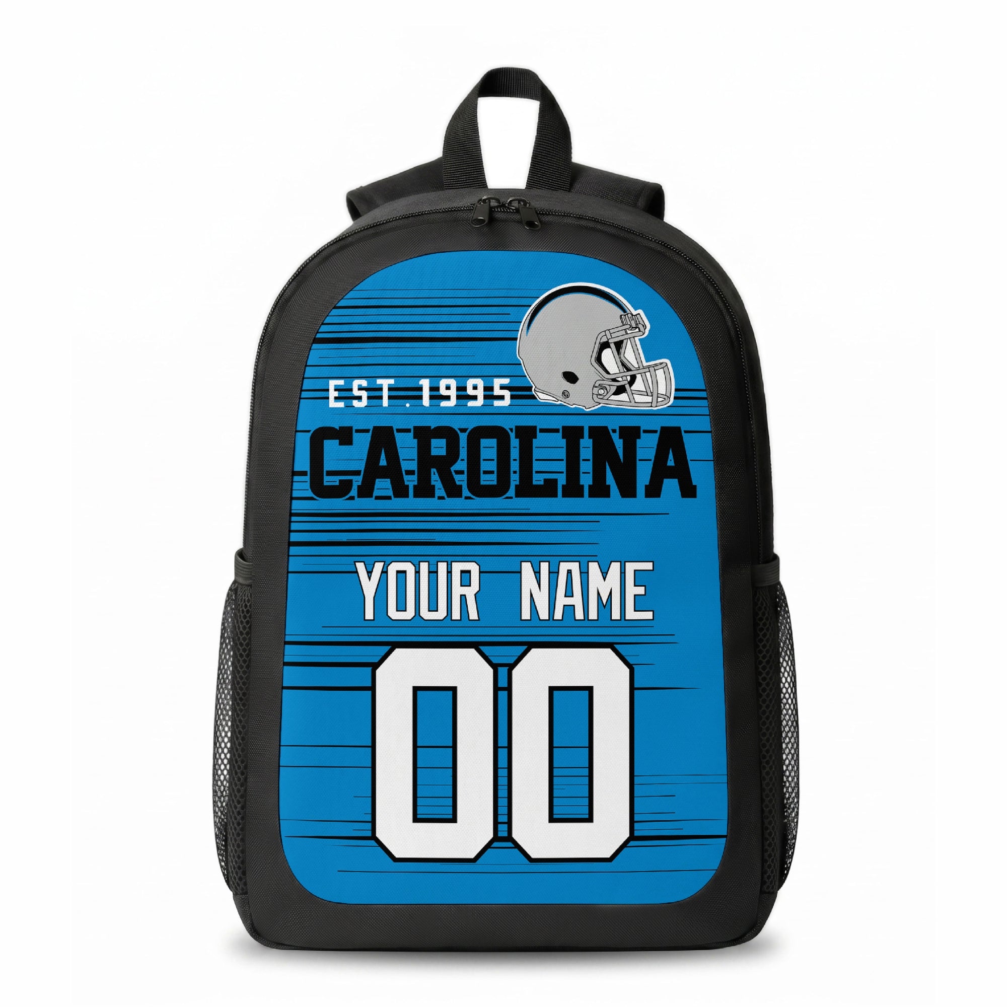 Carolina stripe colors personalized football backpack front view with helmet-style graphic