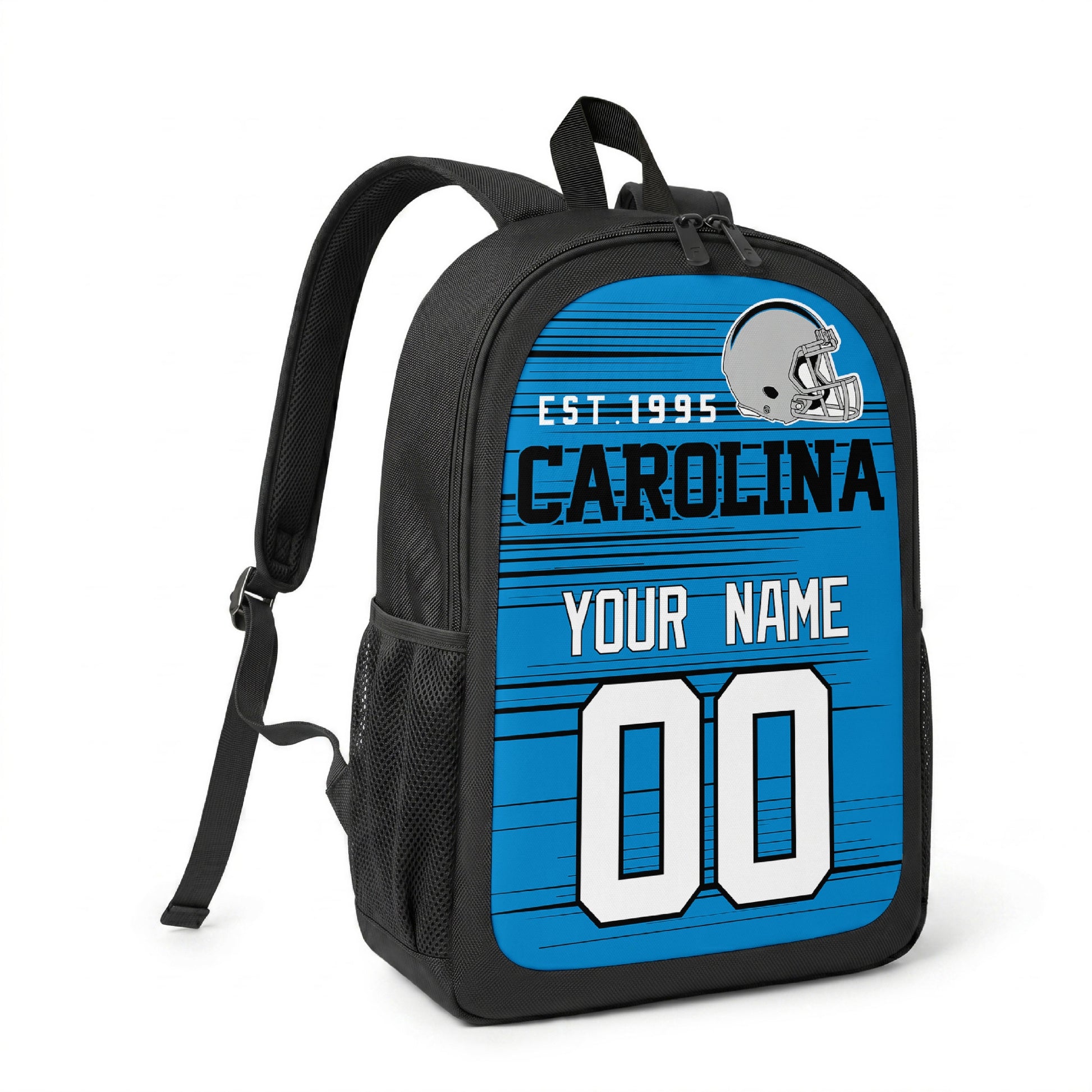 Carolina custom name and number football backpack angled side view with black straps