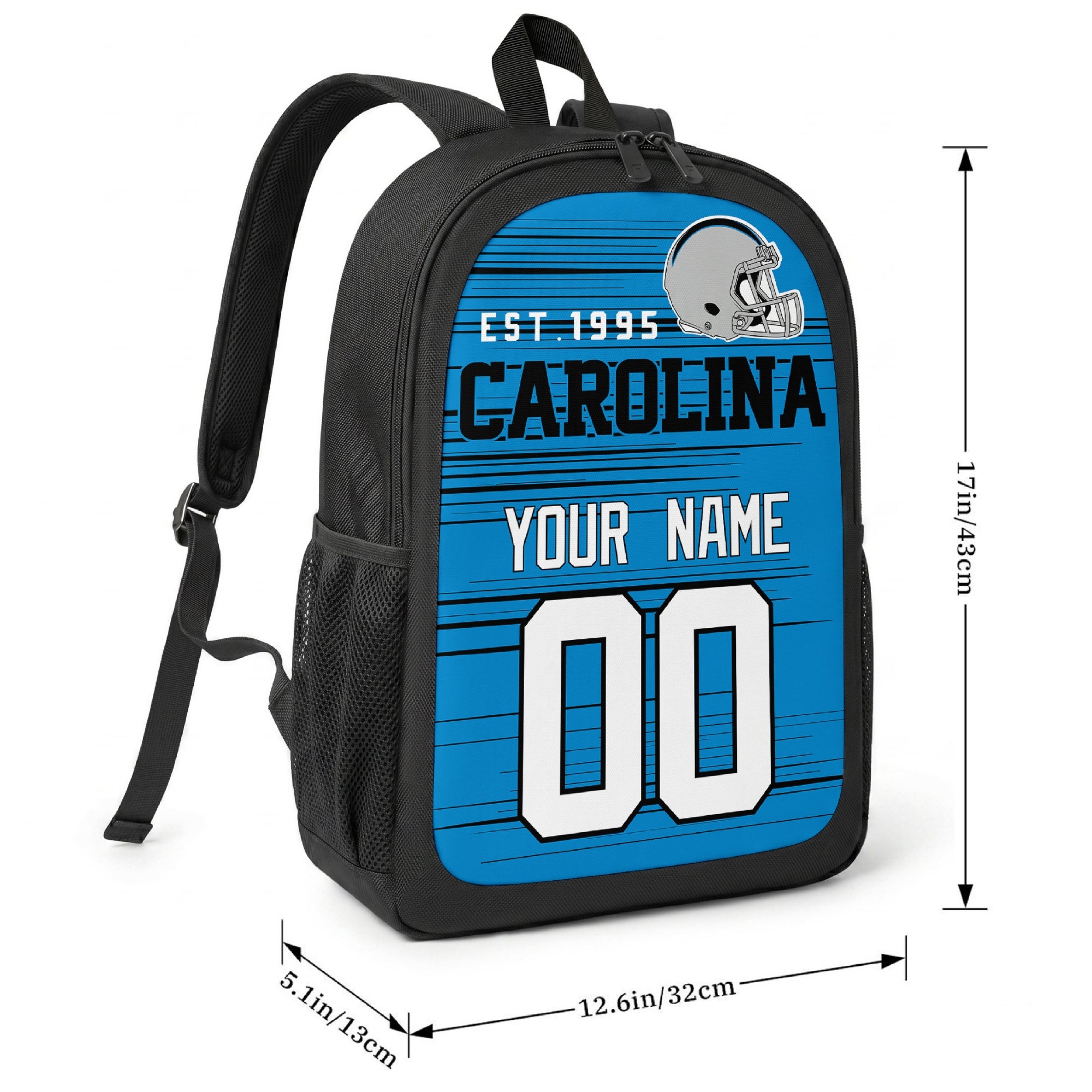 Carolina football-inspired backpack size chart showing 17 inch height, 12.6 inch width, and 5.1 inch depth