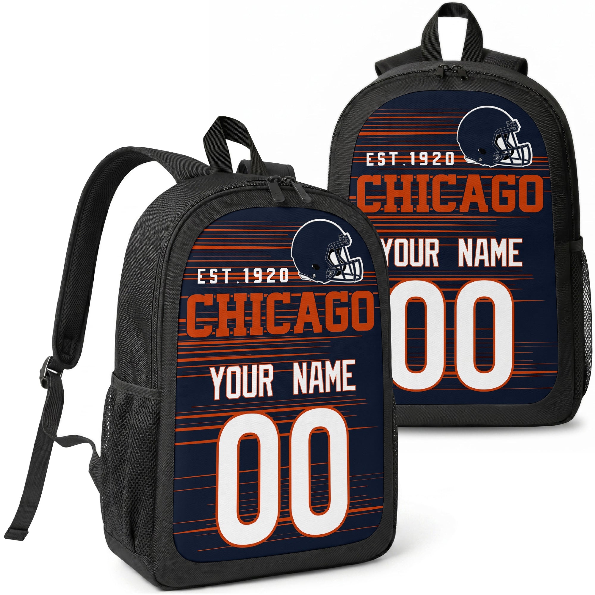Chicago custom football backpack with name and number, front and angled product view