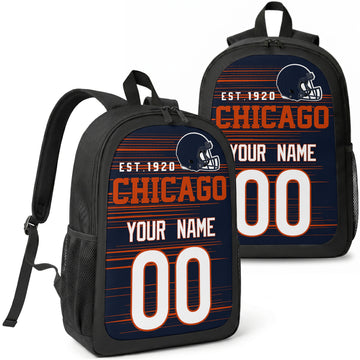 Chicago custom football backpack with name and number, front and angled product view
