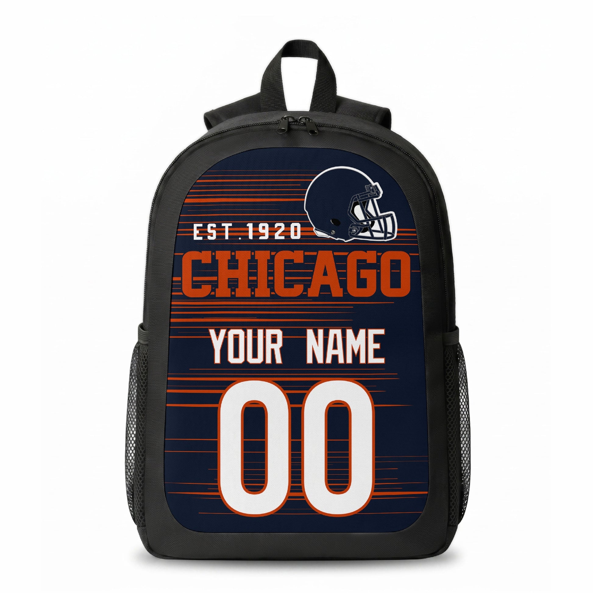 Chicago stripe colors personalized football backpack front view with helmet-style graphic