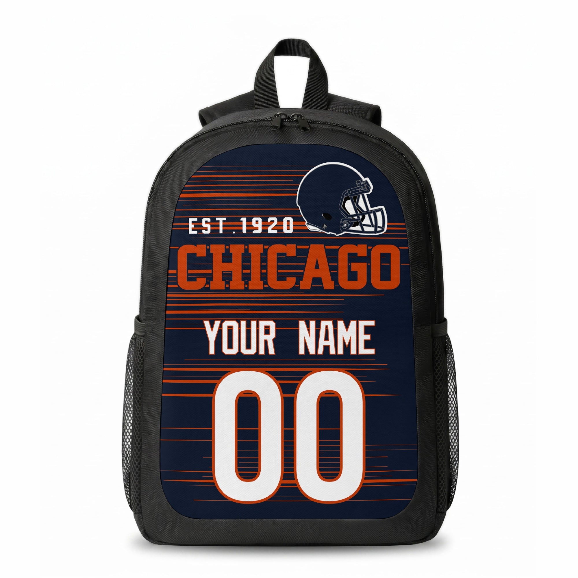 Chicago stripe colors personalized football backpack front view with helmet-style graphic