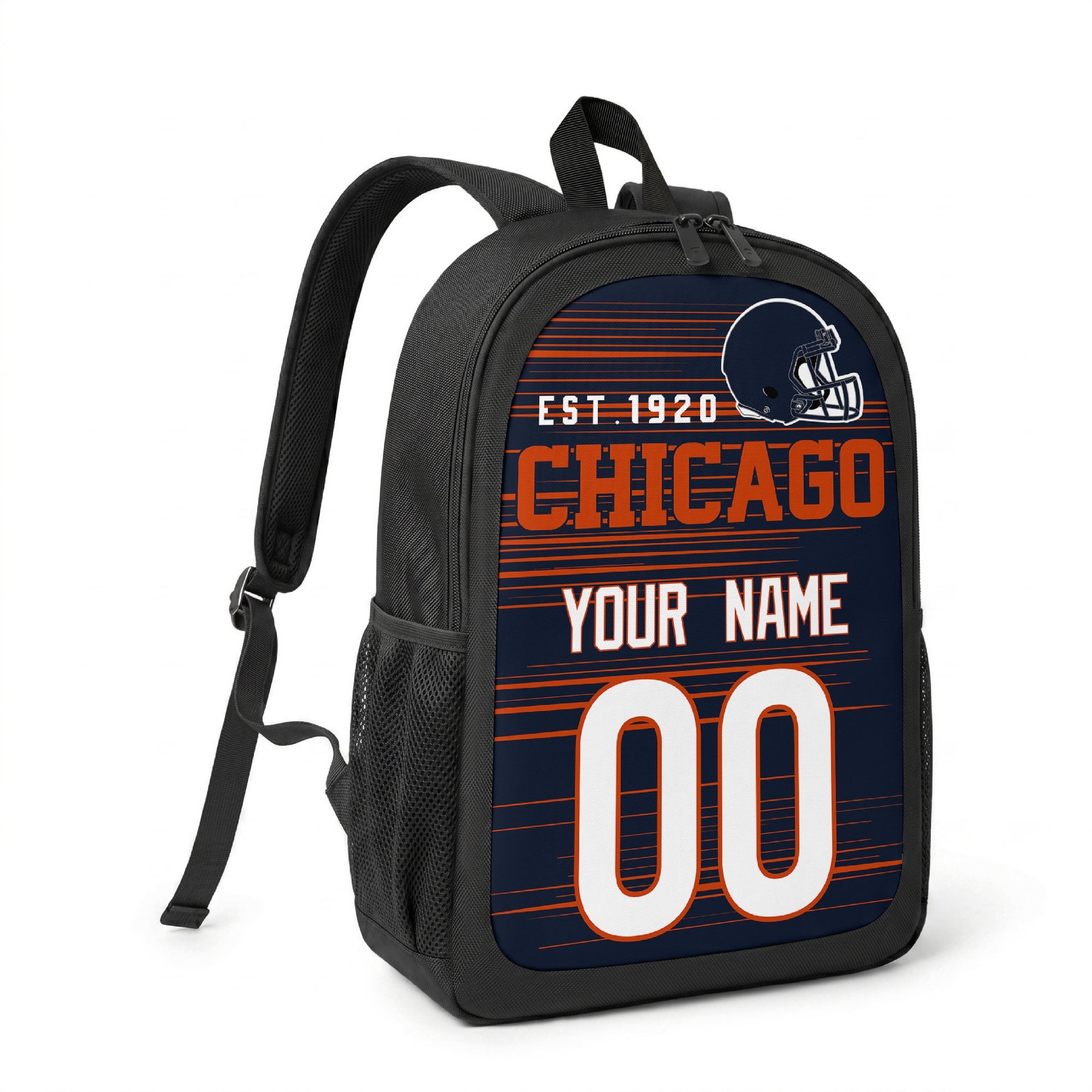 Chicago custom name and number football backpack angled side view with black straps