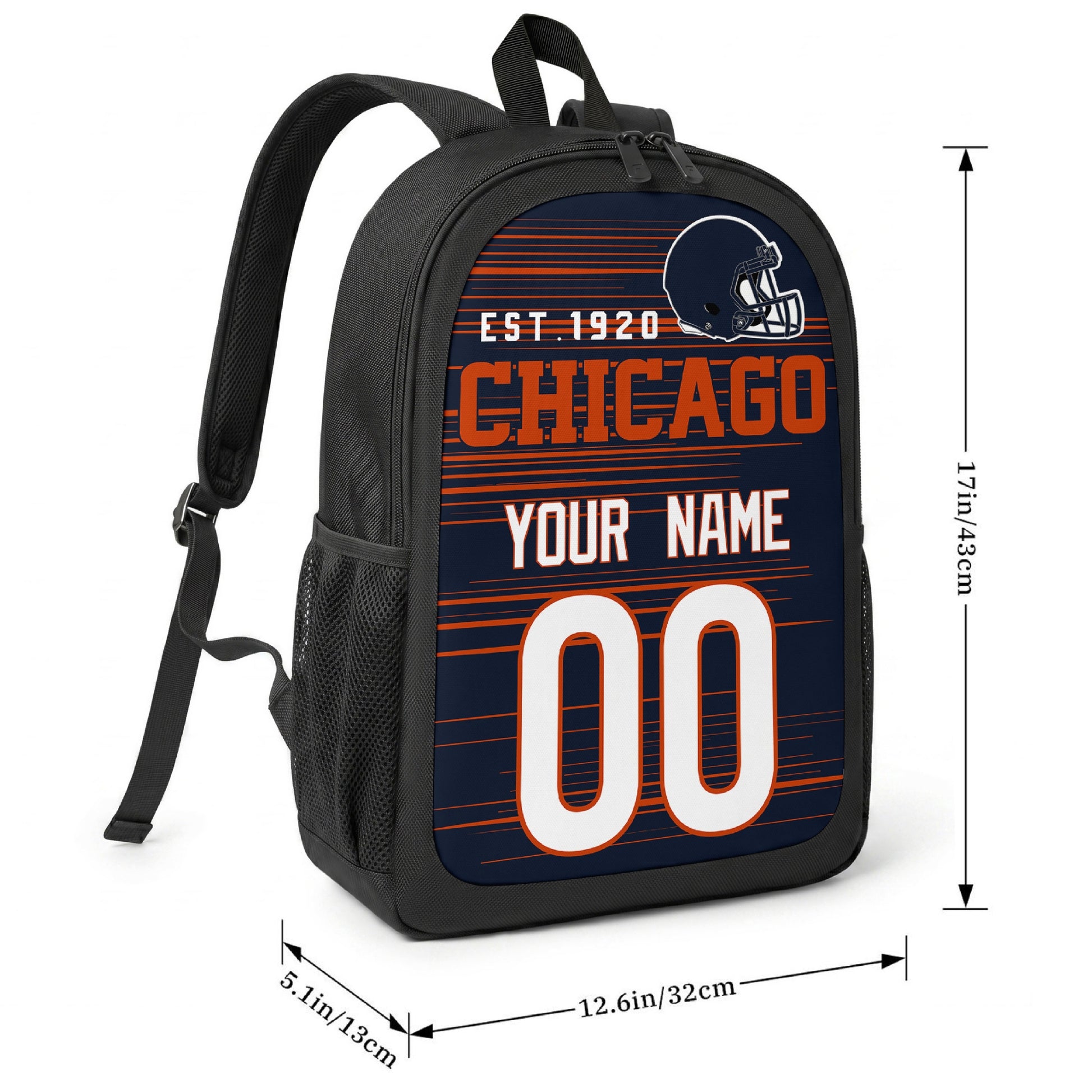 Chicago football-inspired backpack size chart showing 17 inch height, 12.6 inch width, and 5.1 inch depth