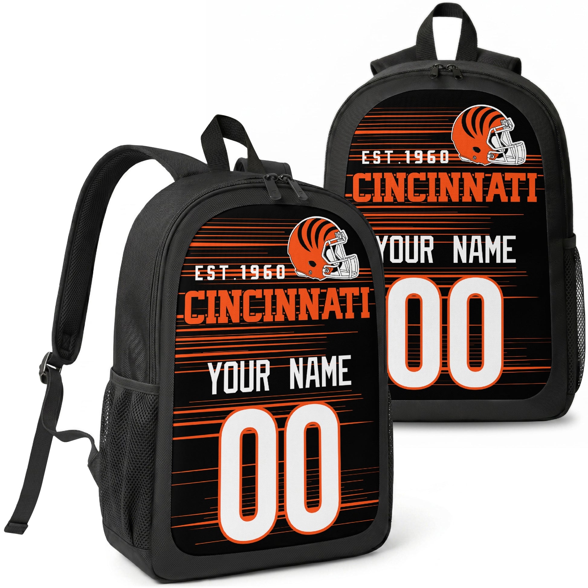 Cincinnati custom football backpack with name and number, front and angled product view
