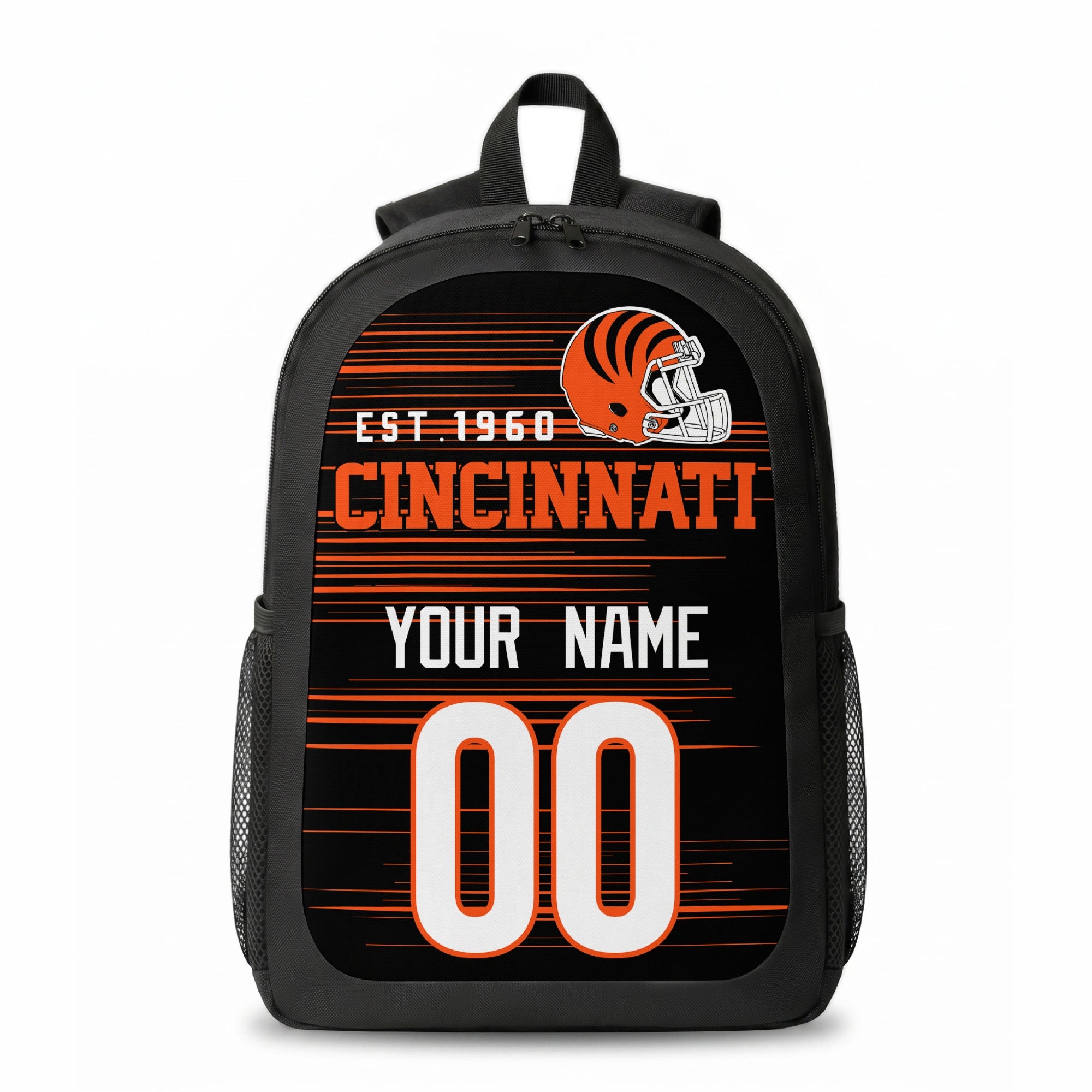Cincinnati stripe colors personalized football backpack front view with helmet-style graphic