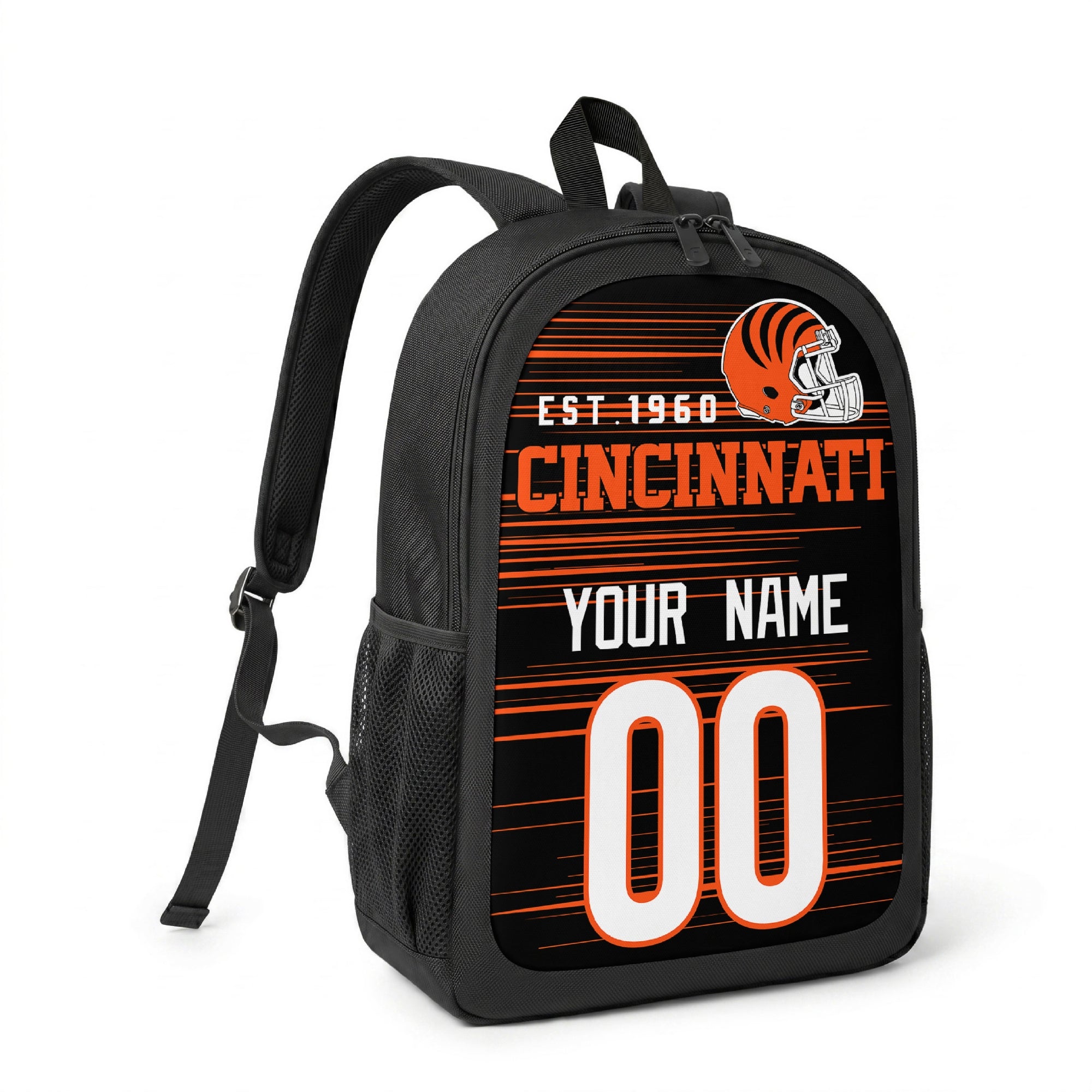 Cincinnati custom name and number football backpack angled side view with black straps
