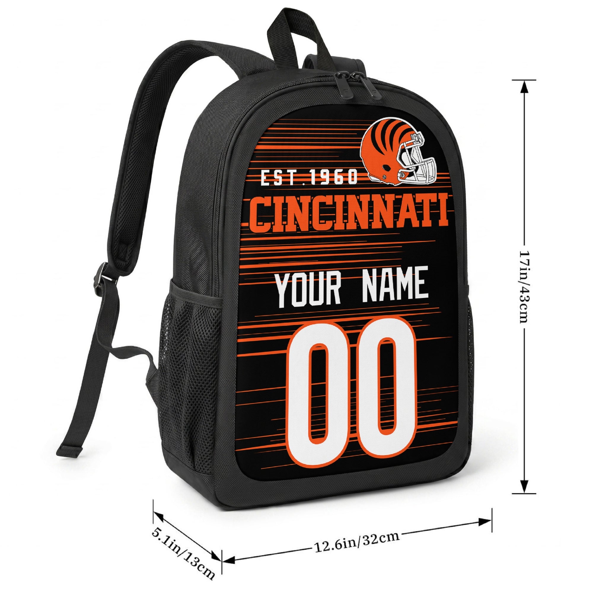 Cincinnati football-inspired backpack size chart showing 17 inch height, 12.6 inch width, and 5.1 inch depth