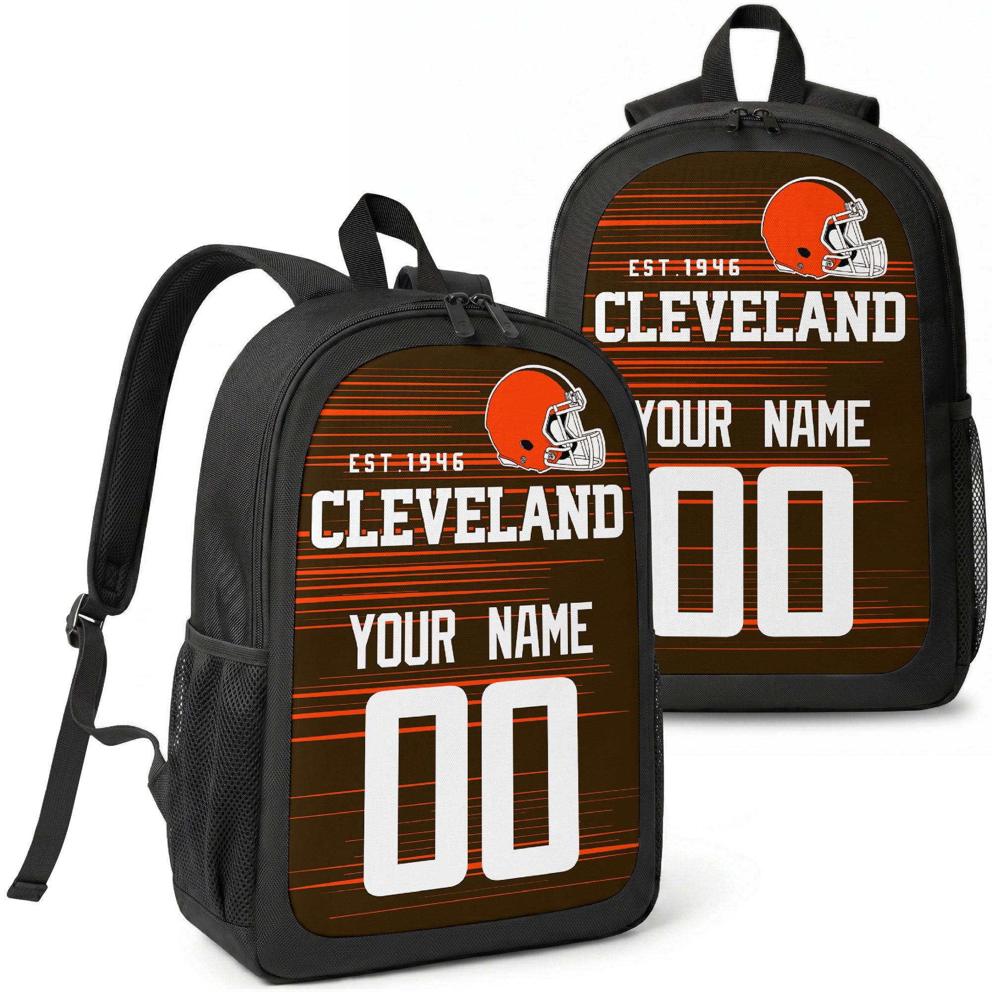 Cleveland custom football backpack with name and number, front and angled product view