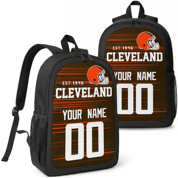 Cleveland custom football backpack with name and number, front and angled product view