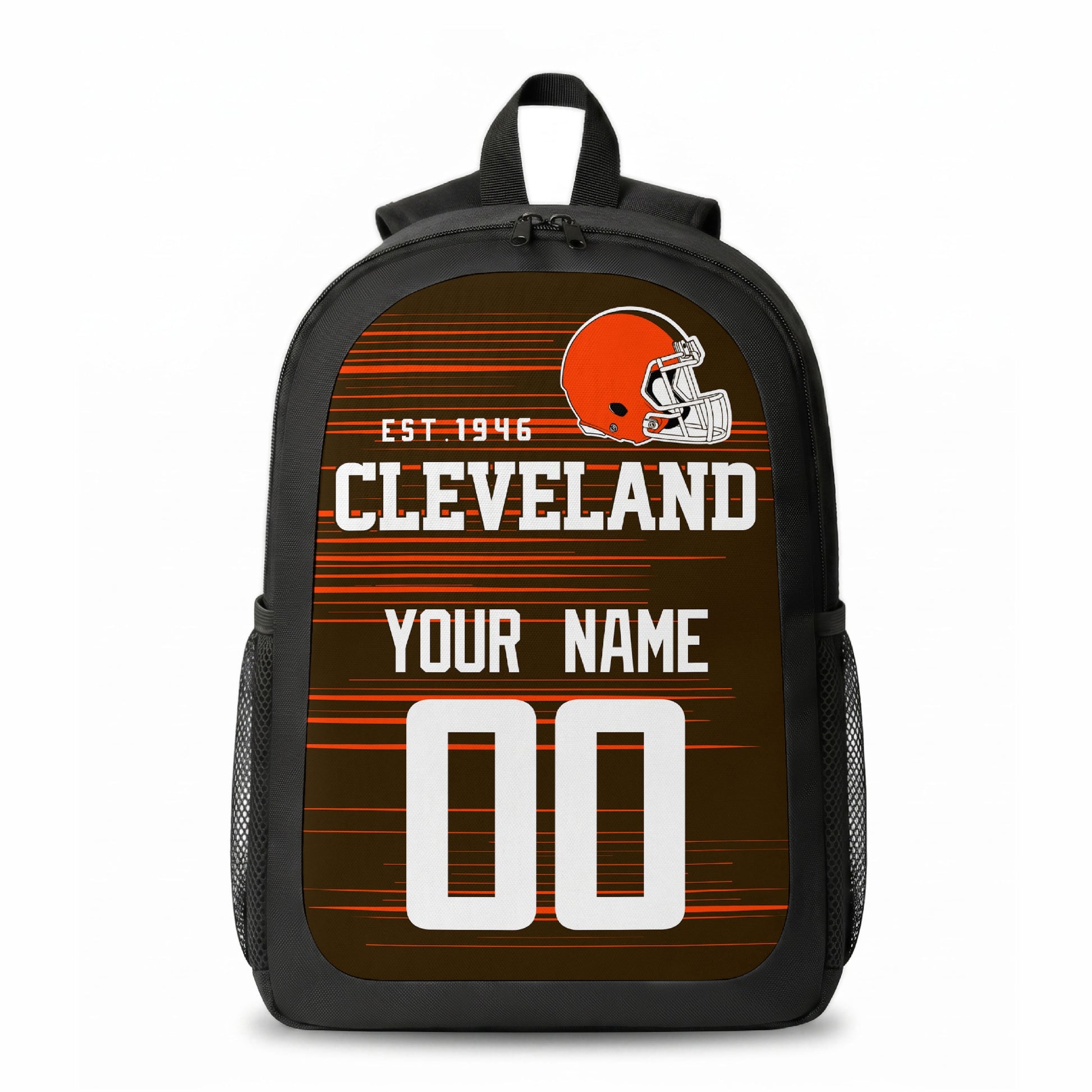 Cleveland stripe colors personalized football backpack front view with helmet-style graphic