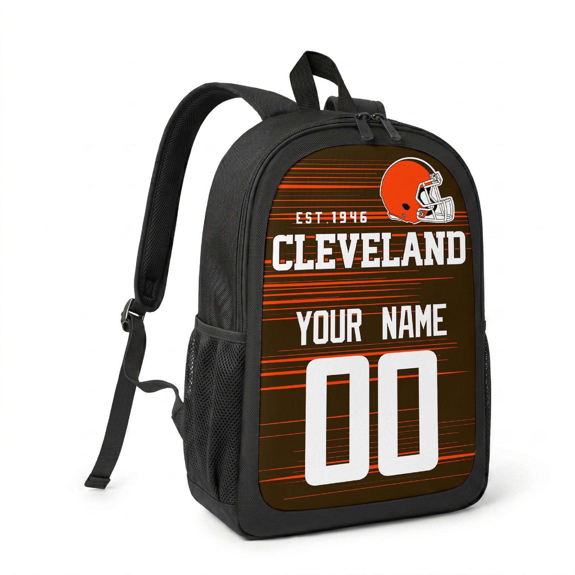 Cleveland custom name and number football backpack angled side view with black straps