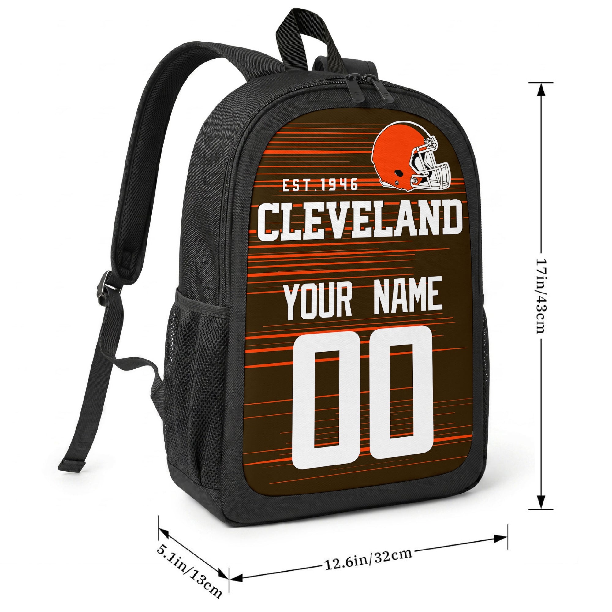 Cleveland football-inspired backpack size chart showing 17 inch height, 12.6 inch width, and 5.1 inch depth