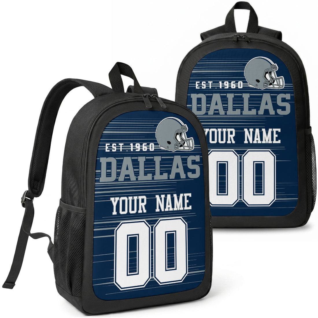 Dallas custom football backpack with name and number, front and angled product view