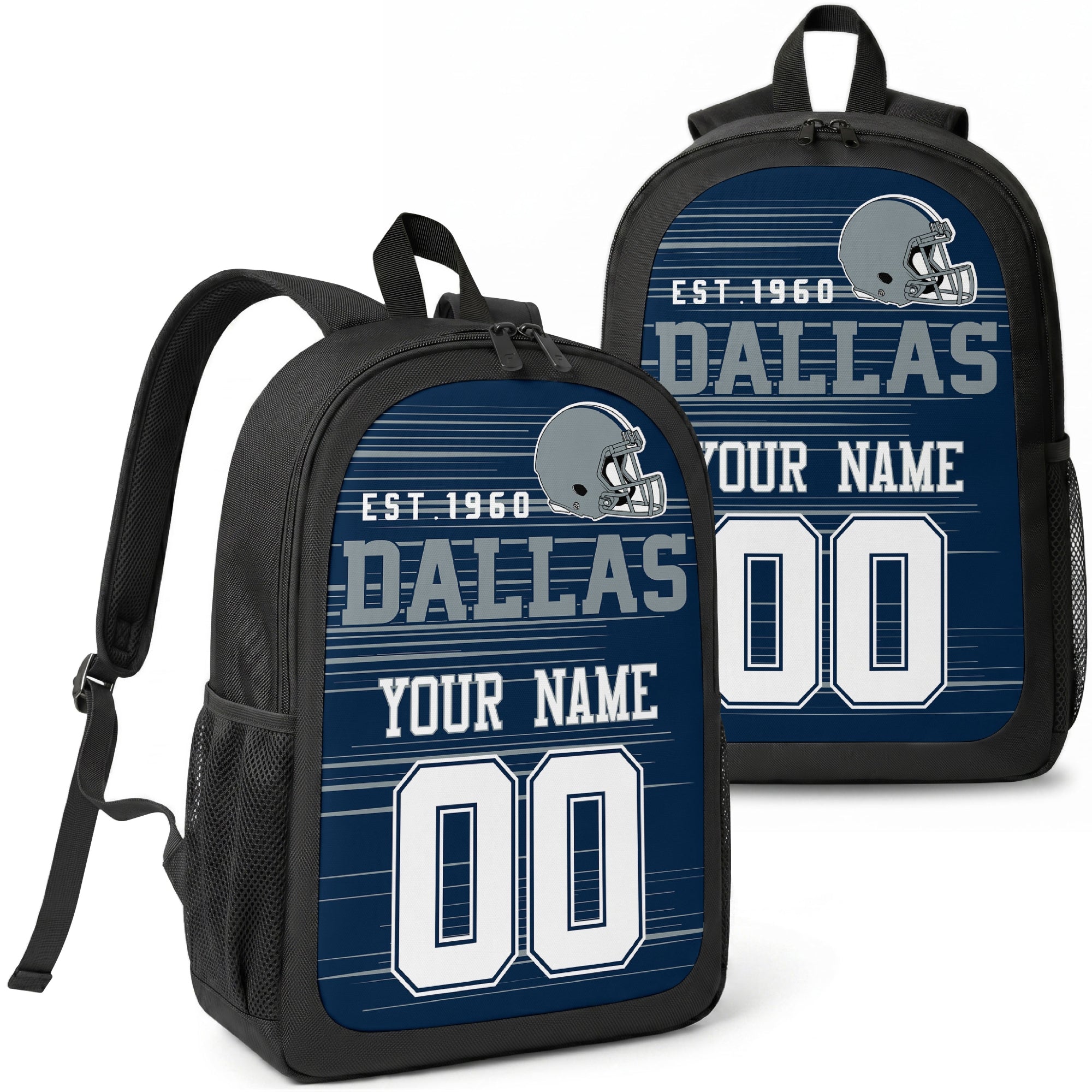 Dallas custom football backpack with name and number, front and angled product view