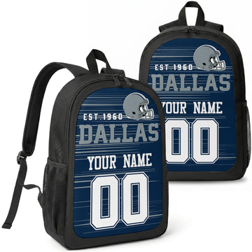 Dallas custom football backpack with name and number, front and angled product view