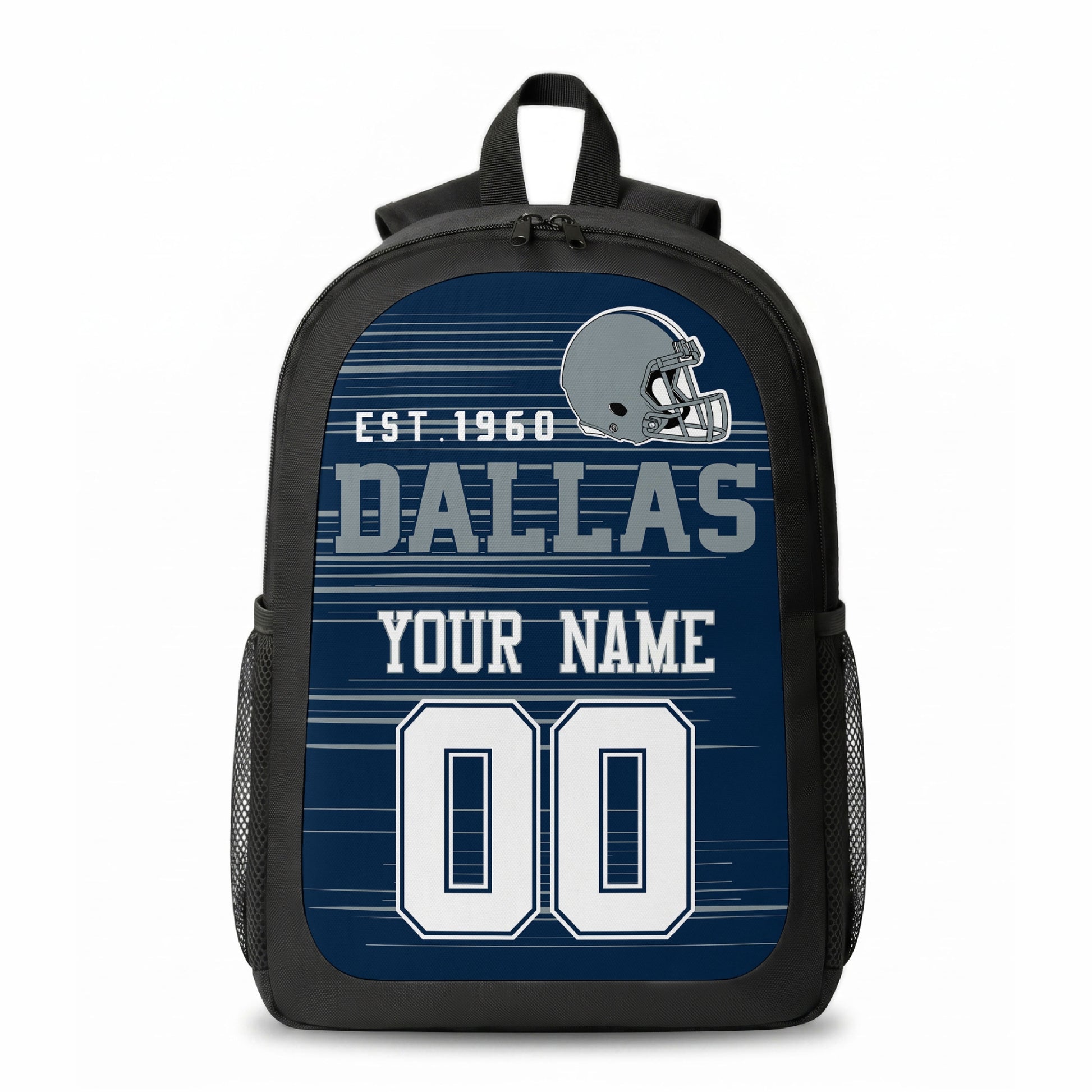 Dallas stripe colors personalized football backpack front view with helmet-style graphic