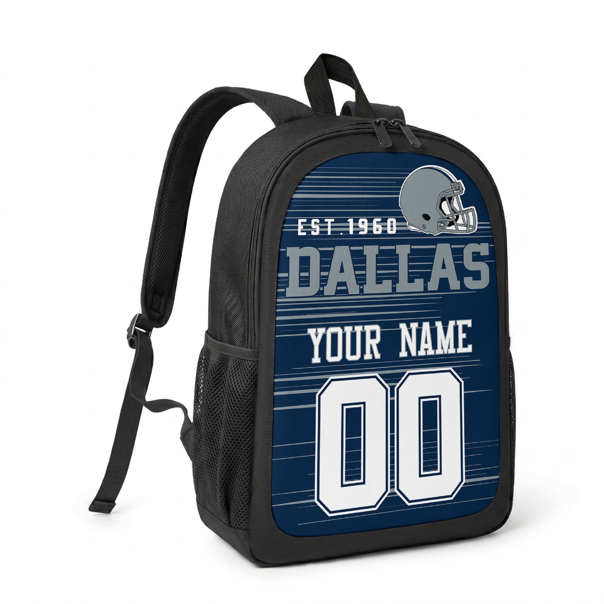 Dallas custom name and number football backpack angled side view with black straps