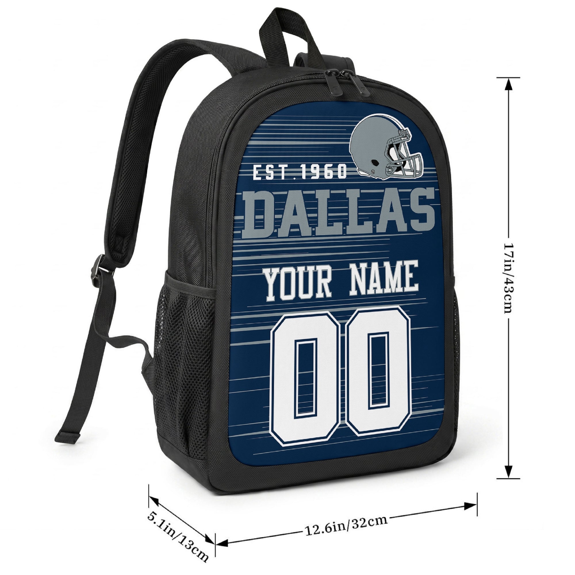 Dallas football-inspired backpack size chart showing 17 inch height, 12.6 inch width, and 5.1 inch depth