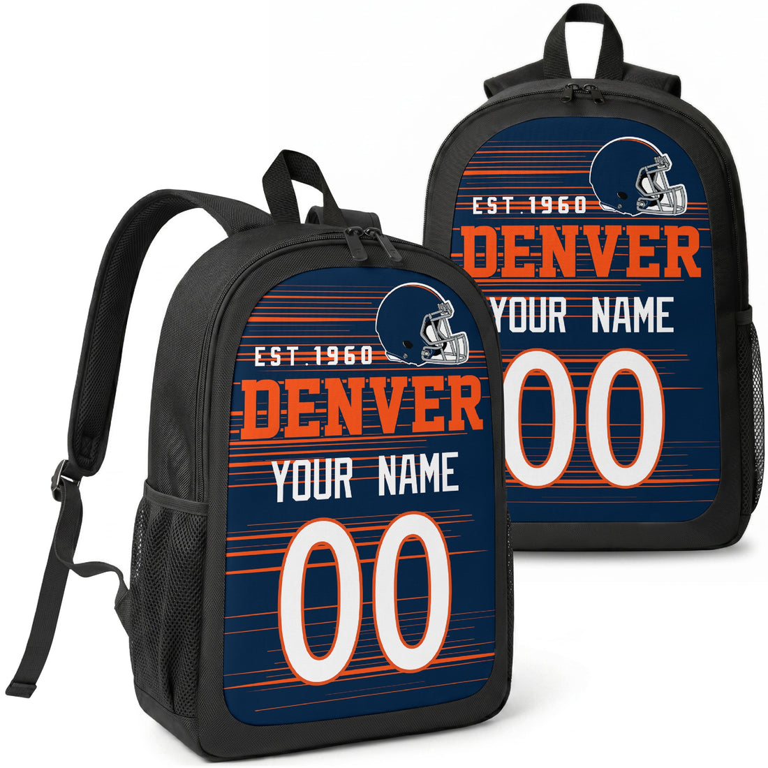Denver custom football backpack with name and number, front and angled product view