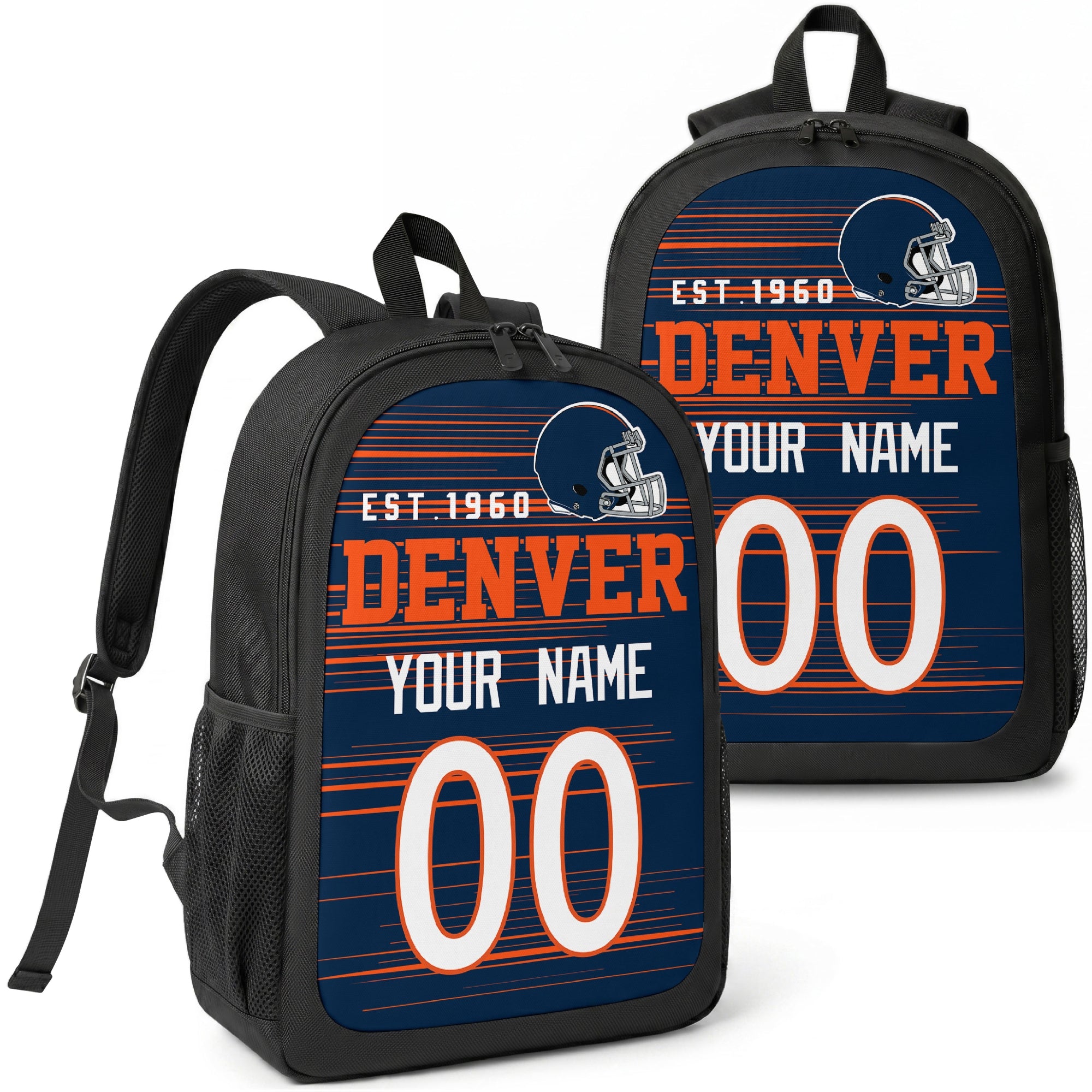 Denver custom football backpack with name and number, front and angled product view
