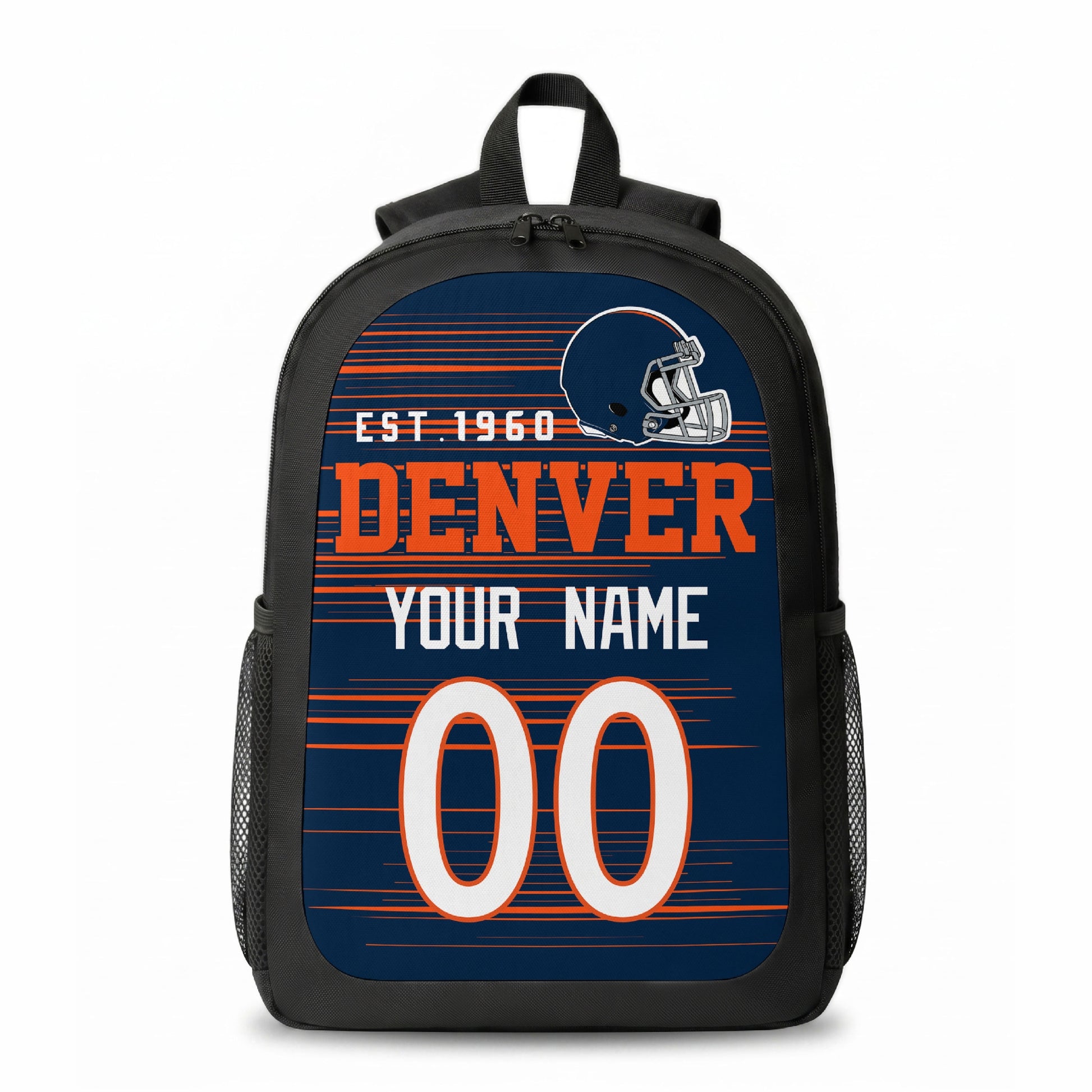 Denver stripe colors personalized football backpack front view with helmet-style graphic