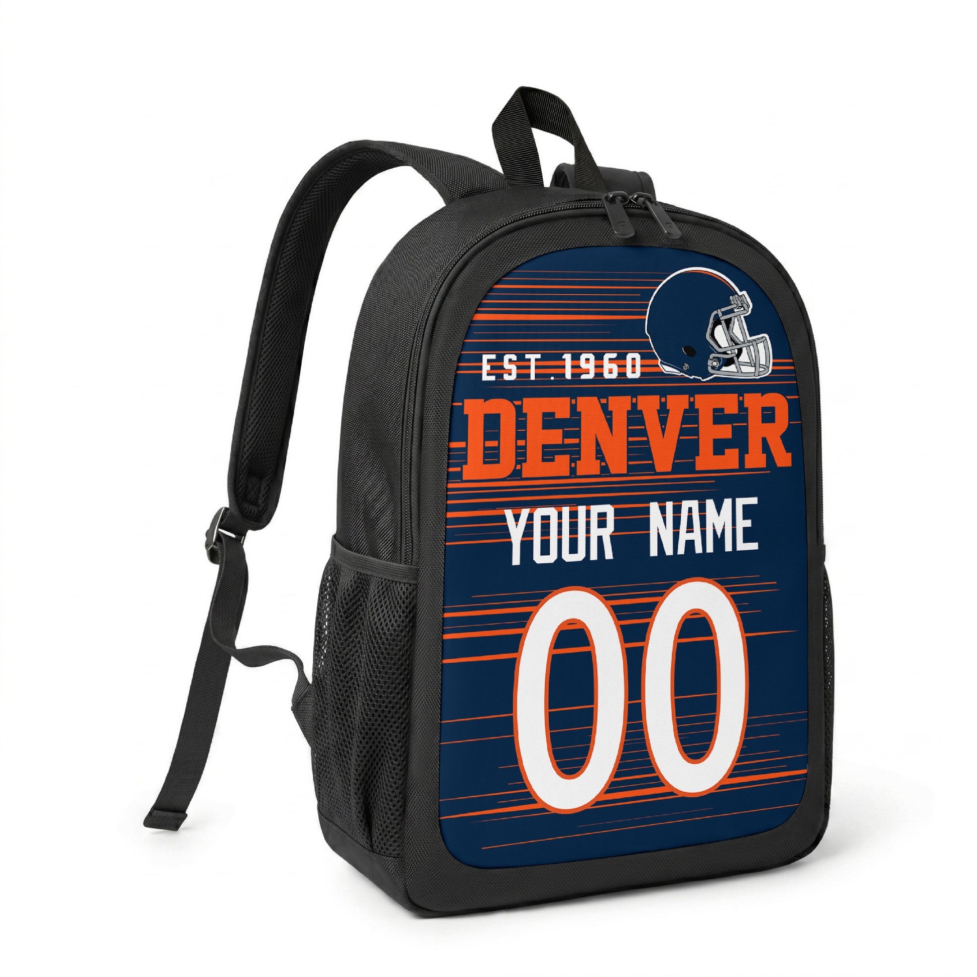 Denver custom name and number football backpack angled side view with black straps