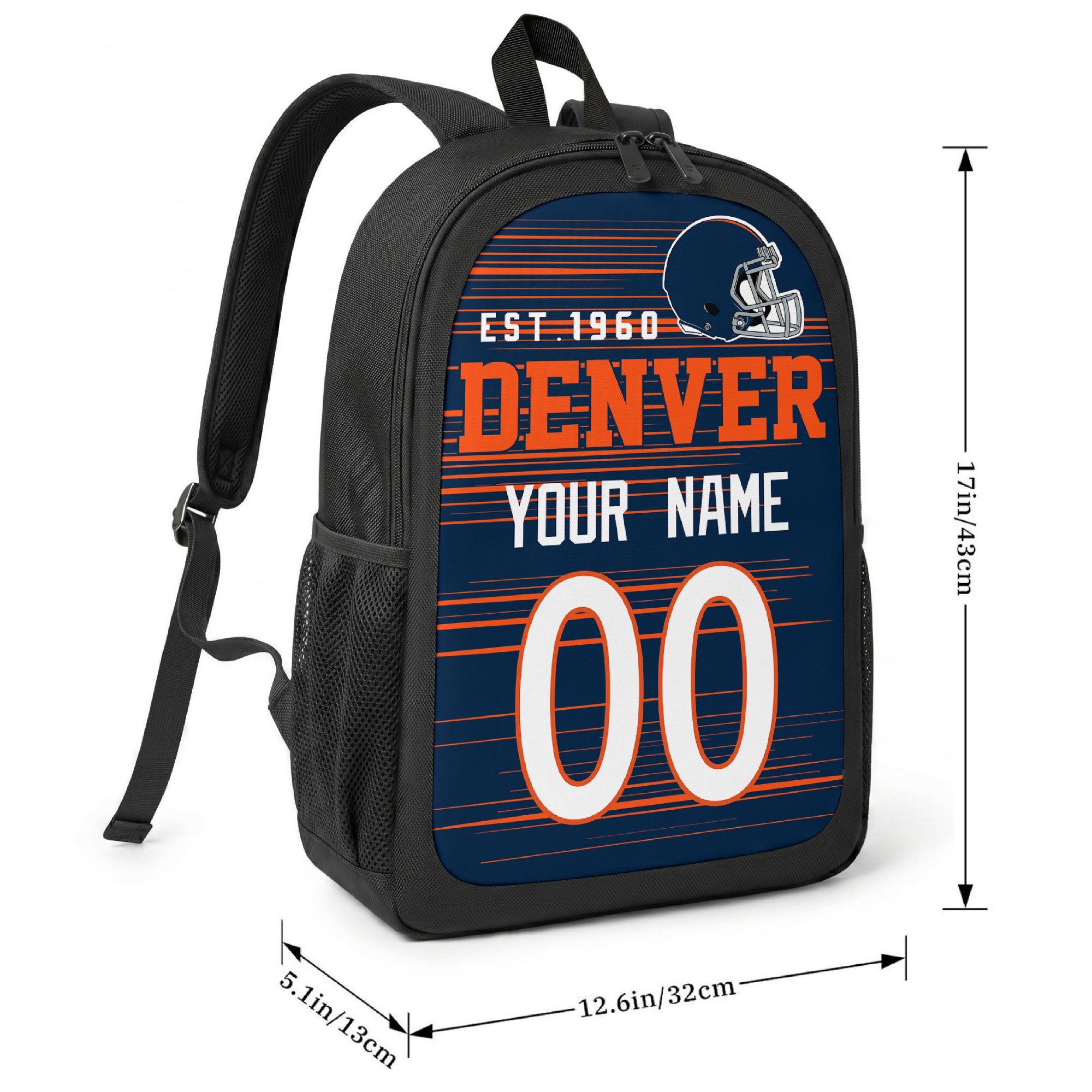 Denver football-inspired backpack size chart showing 17 inch height, 12.6 inch width, and 5.1 inch depth