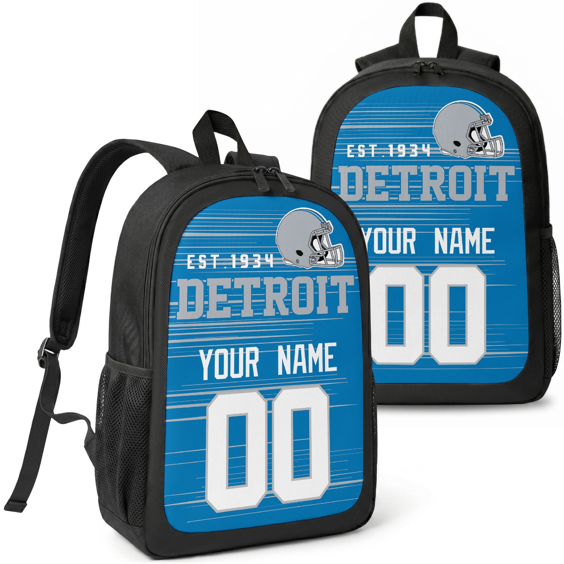 Detroit custom football backpack with name and number, front and angled product view