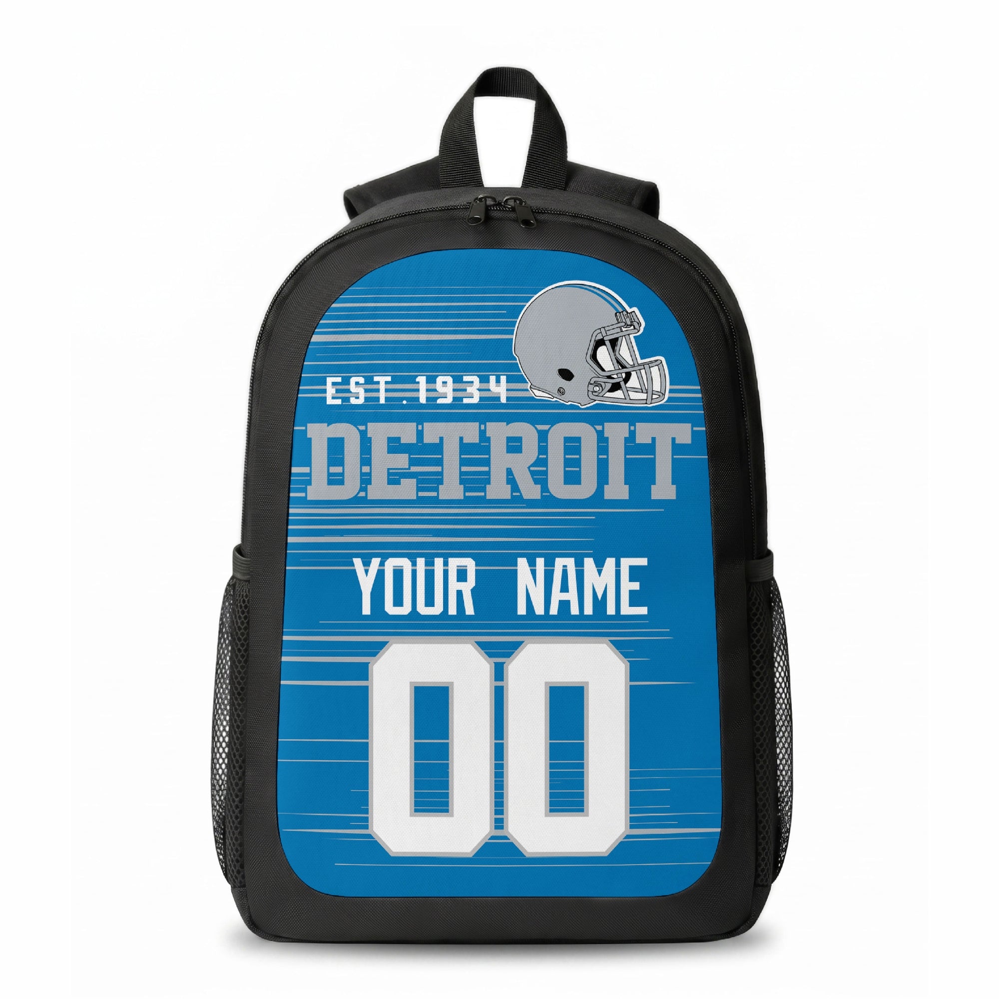Detroit stripe colors personalized football backpack front view with helmet-style graphic
