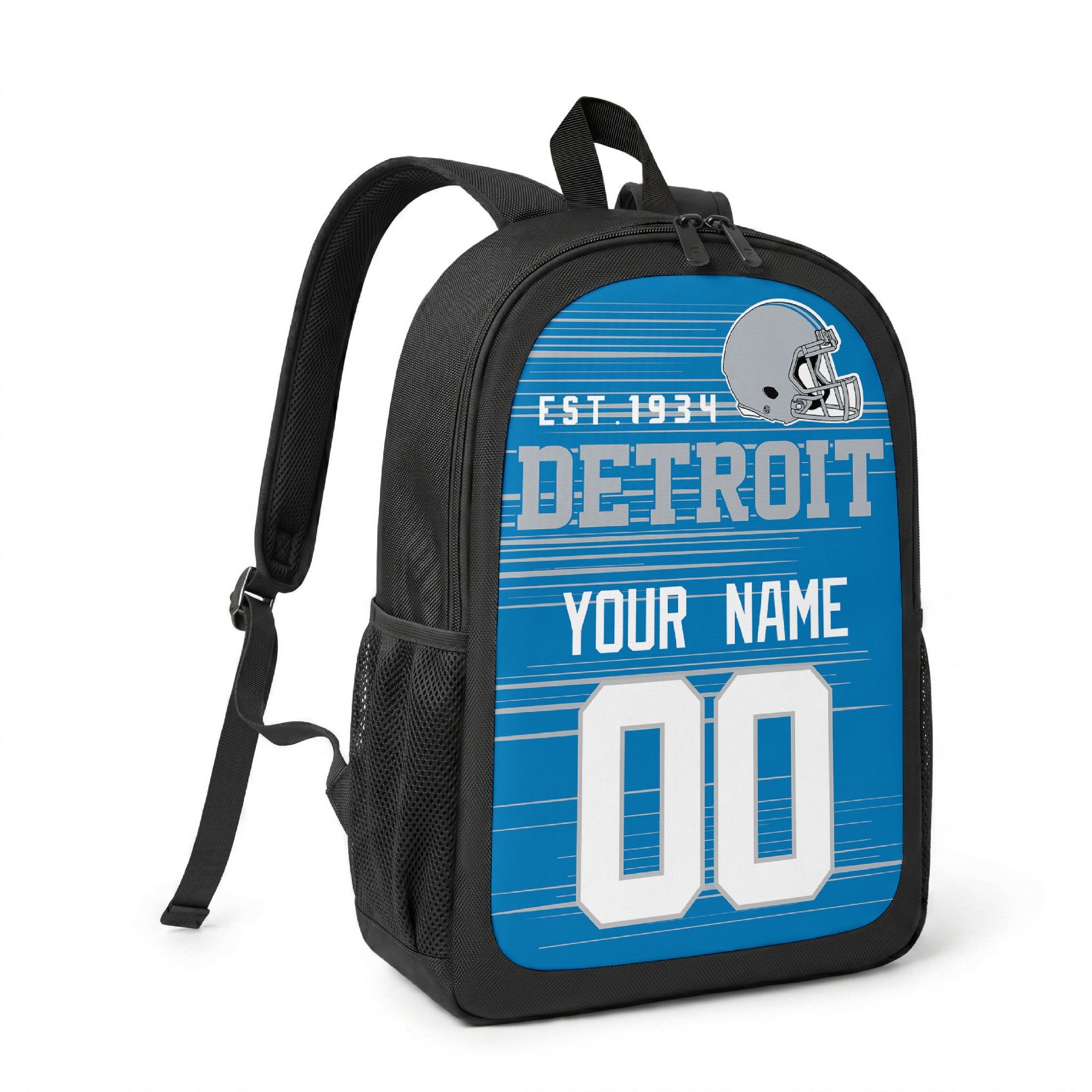 Detroit custom name and number football backpack angled side view with black straps