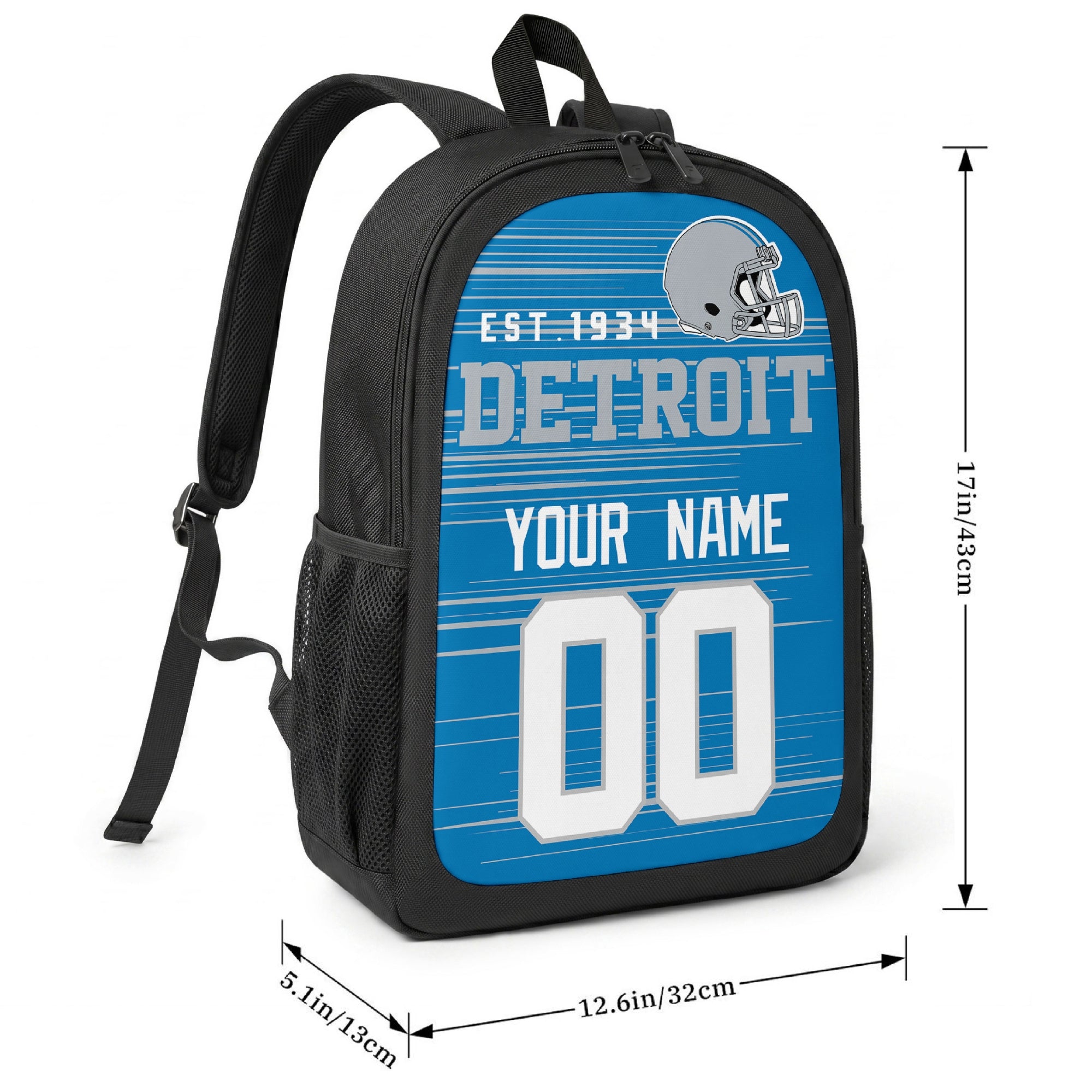 Detroit football-inspired backpack size chart showing 17 inch height, 12.6 inch width, and 5.1 inch depth