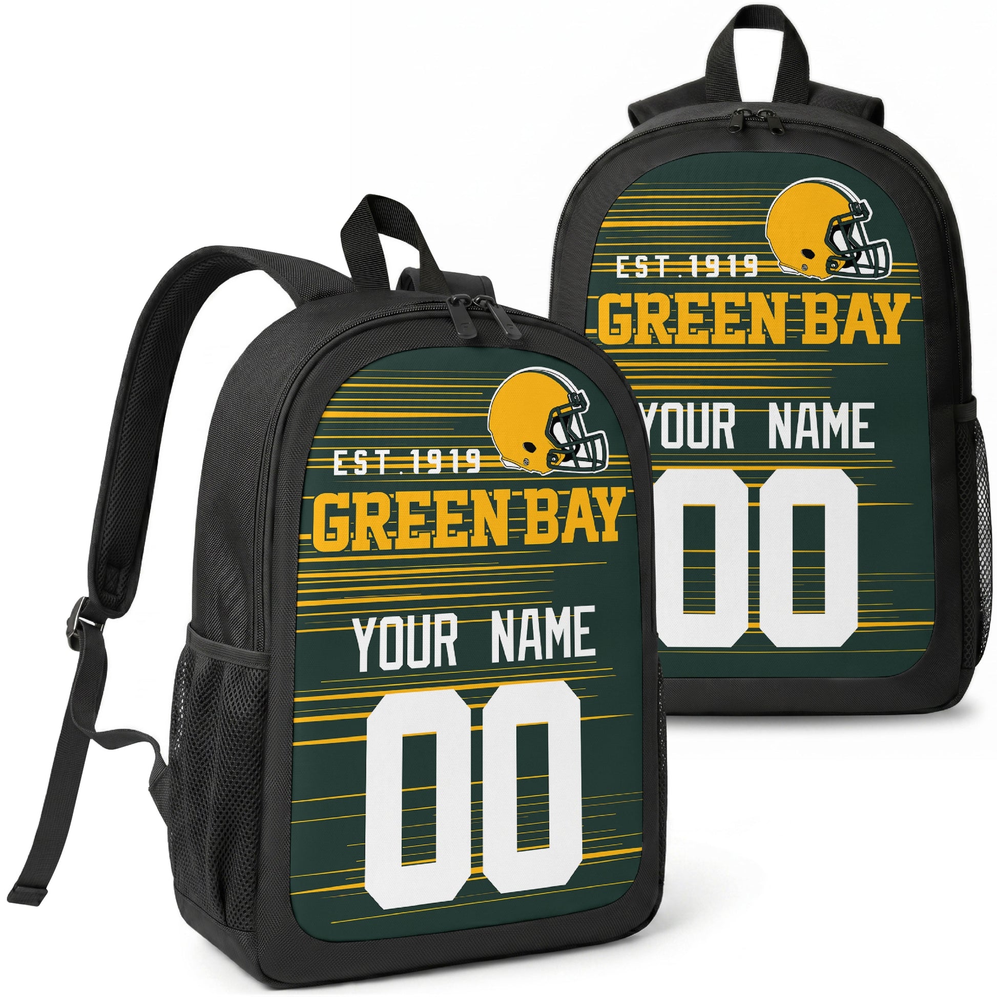 Green Bay custom football backpack with name and number, front and angled product view