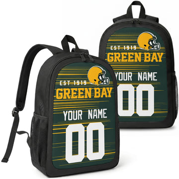 Green Bay custom football backpack with name and number, front and angled product view