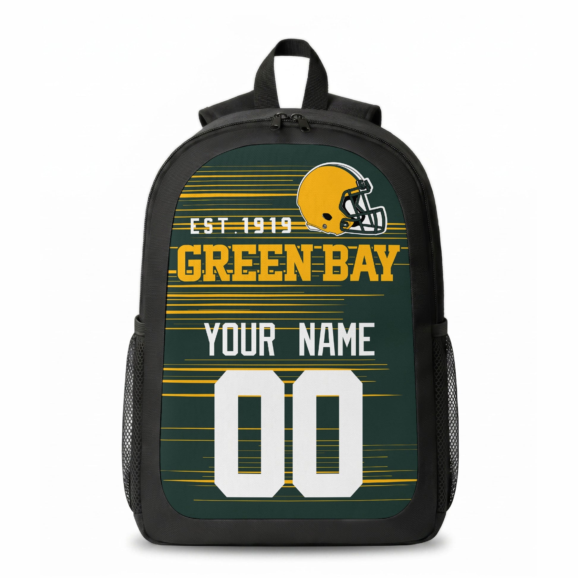Green Bay stripe colors personalized football backpack front view with helmet-style graphic