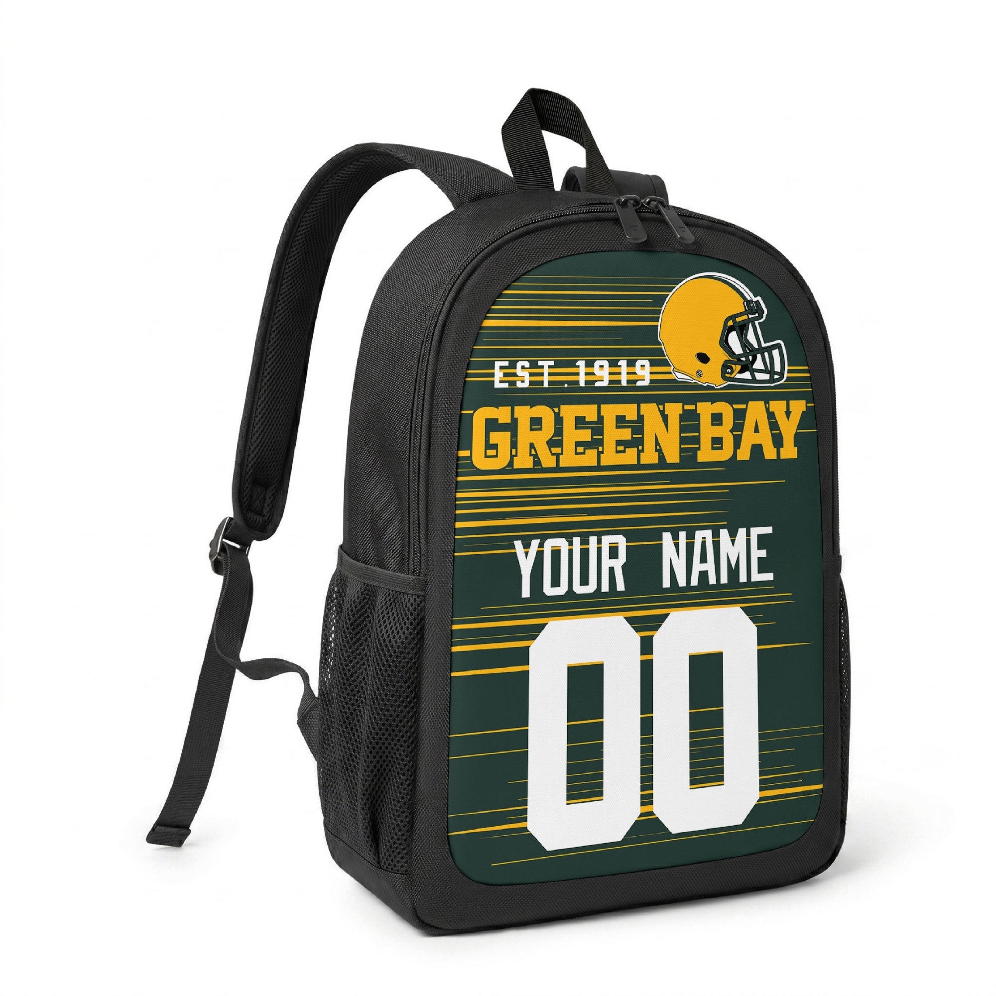 Green Bay custom name and number football backpack angled side view with black straps