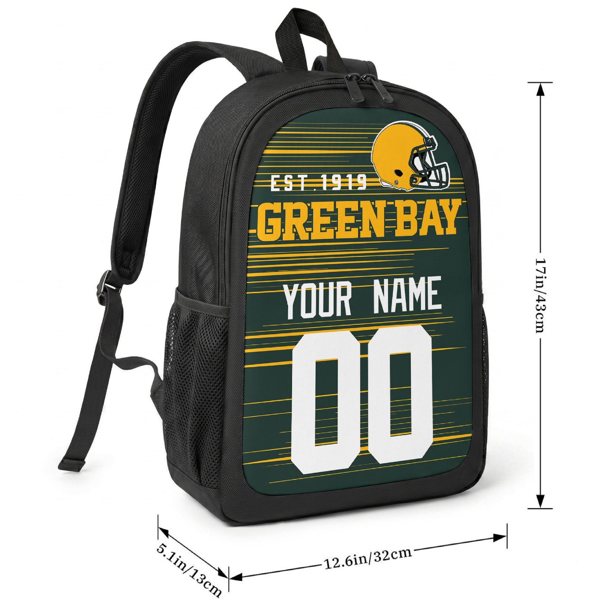 Green Bay football-inspired backpack size chart showing 17 inch height, 12.6 inch width, and 5.1 inch depth