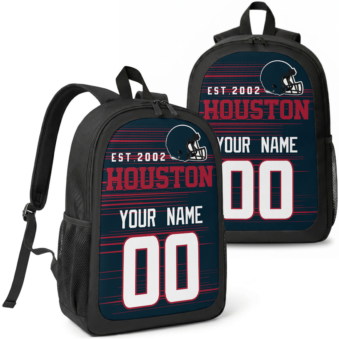 Houston custom football backpack with name and number, front and angled product view