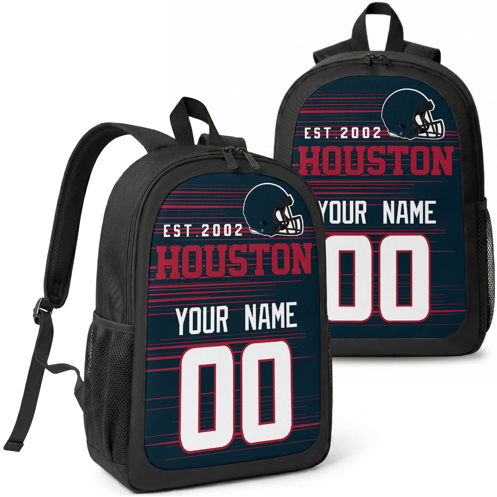 Houston custom football backpack with name and number, front and angled product view