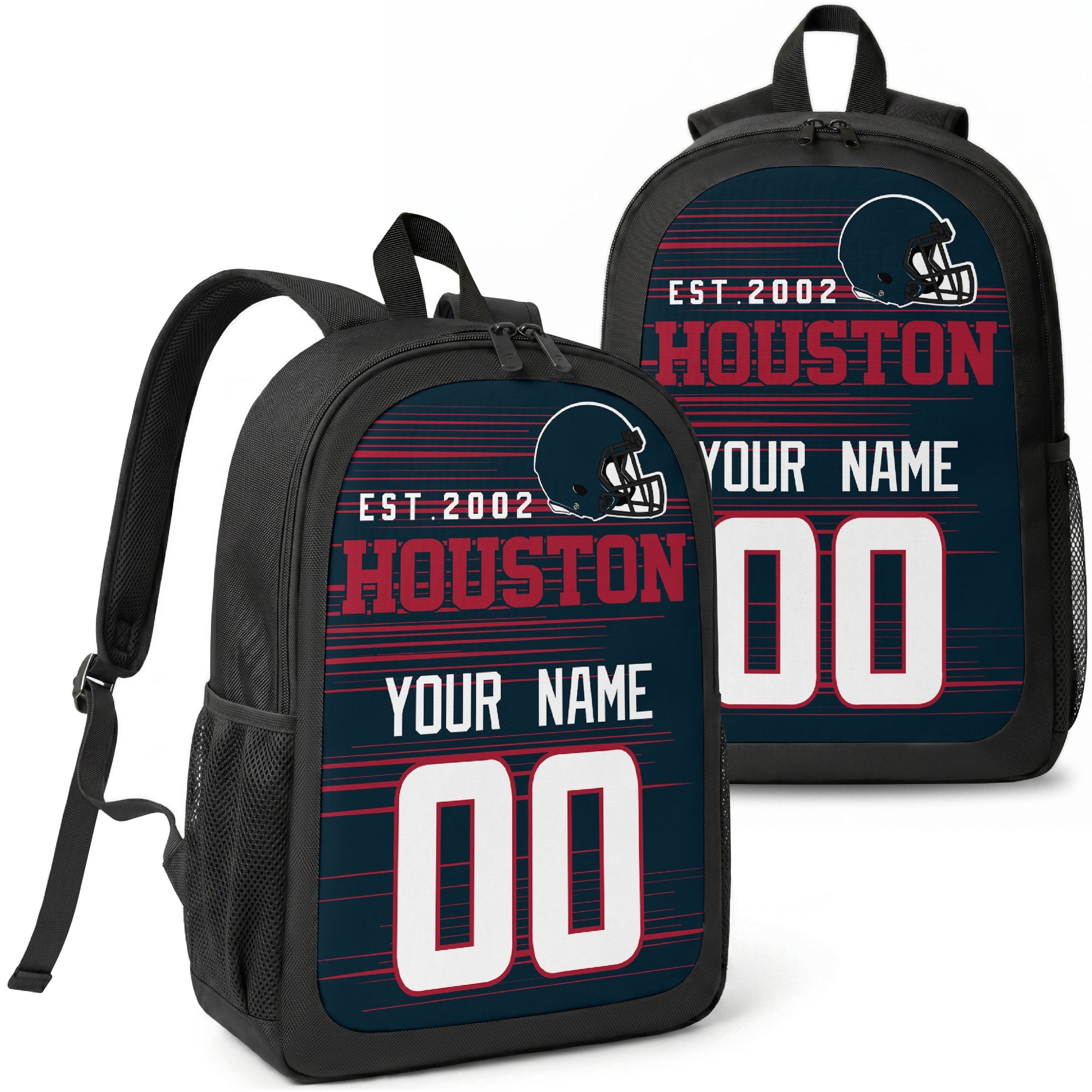 Houston custom football backpack with name and number, front and angled product view