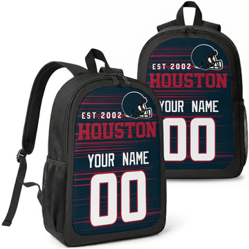 Houston custom football backpack with name and number, front and angled product view